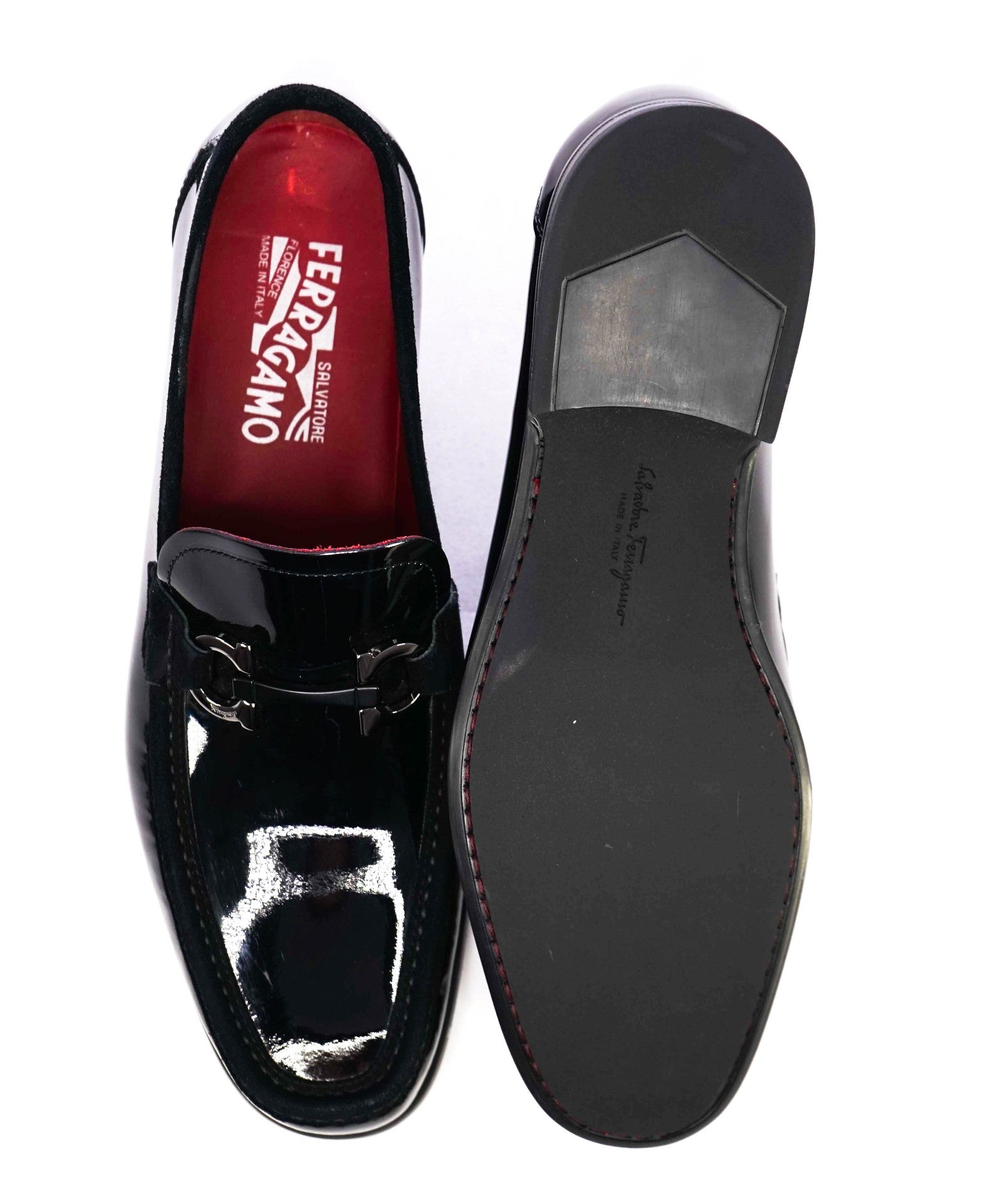 $950 Salvatore Ferragamo "Grandioso" Black Patent Leather Loafers 9.5 EE