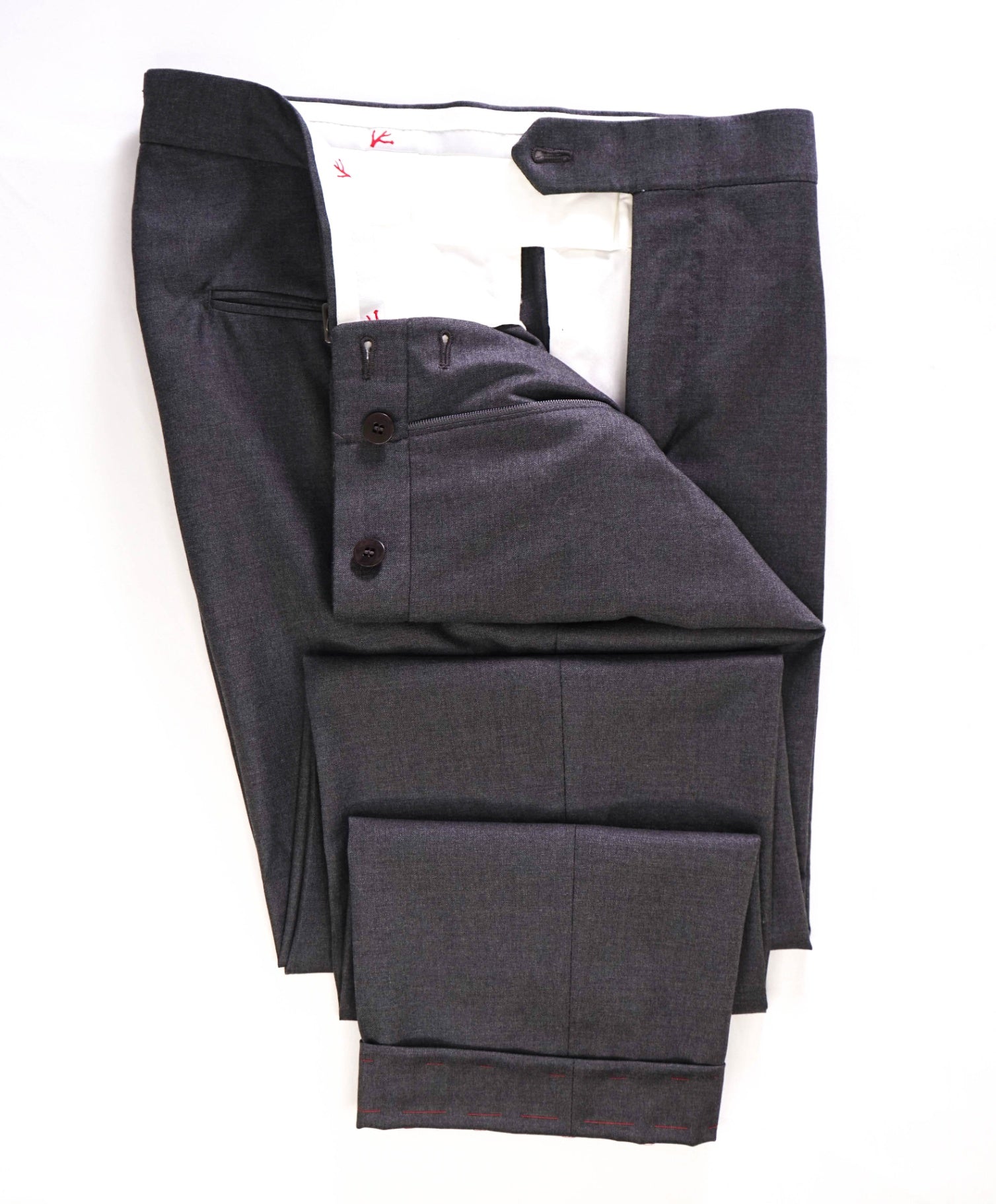 $995 ISAIA Solid Grey "SIDE TABS" Wool Flat Front Dress Pants 34W