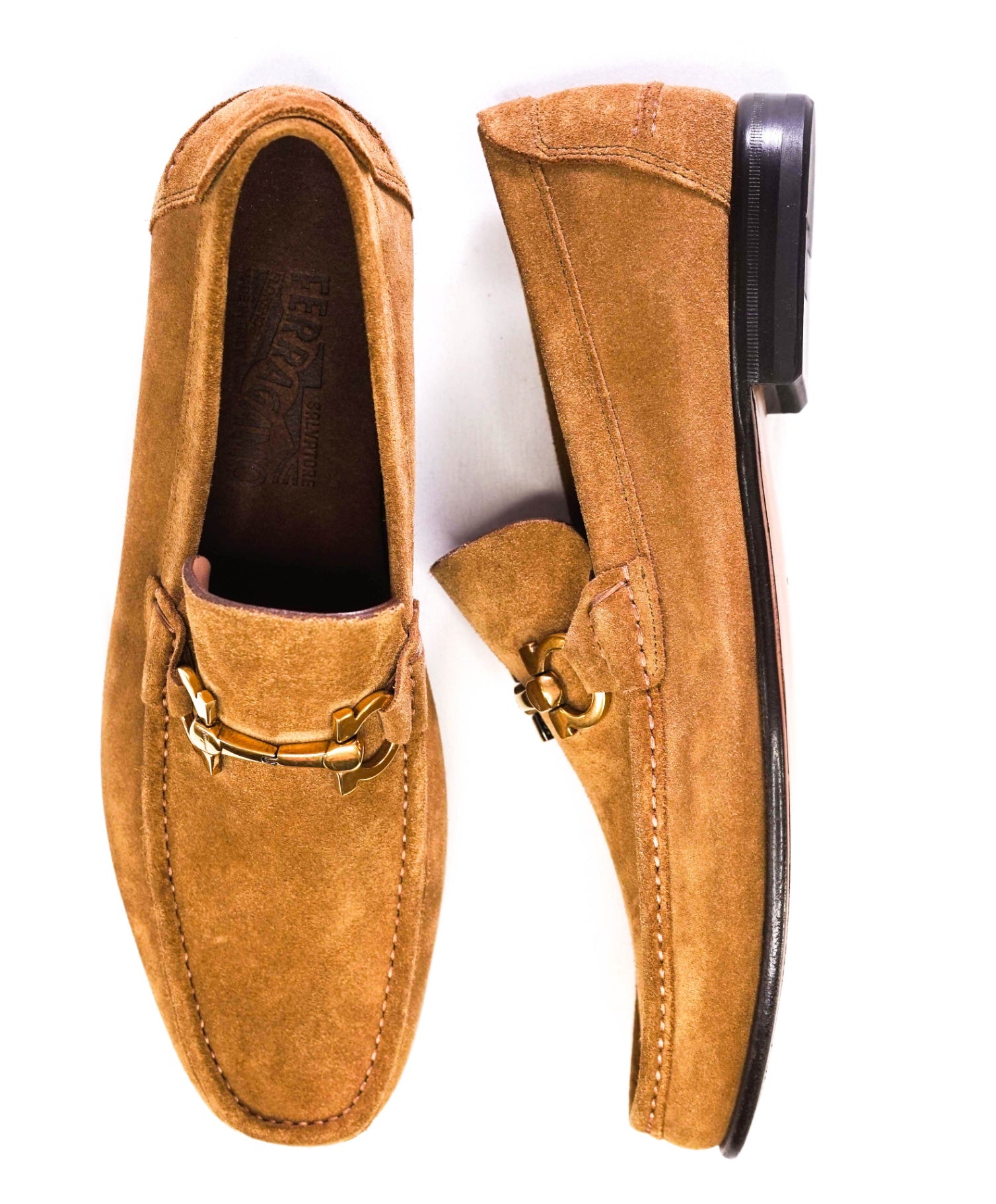 $850 Salvatore Ferragamo "Fiordi" Brown Sugar Loafers Suede 8.5 E