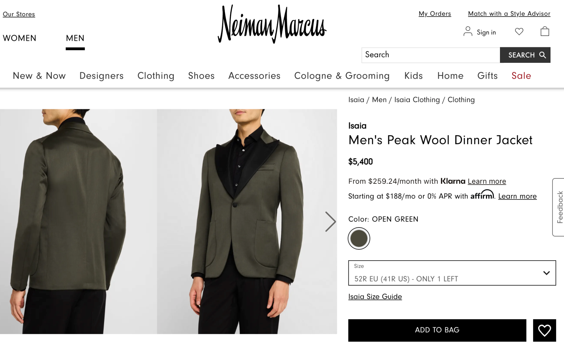 $5,400 ISAIA Moss Green Peak Lapel Wool Dinner Jacket Blazer 38R