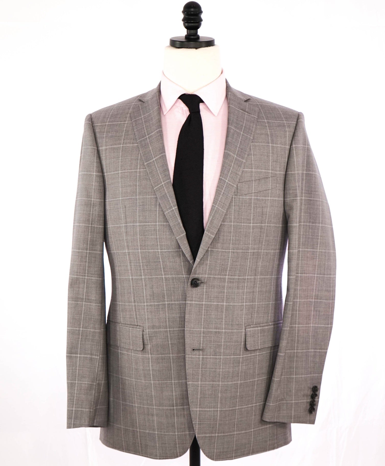 $995 Saks Fifth Avenue Light Grey Windowpane Slim fit Wool Suit 40L