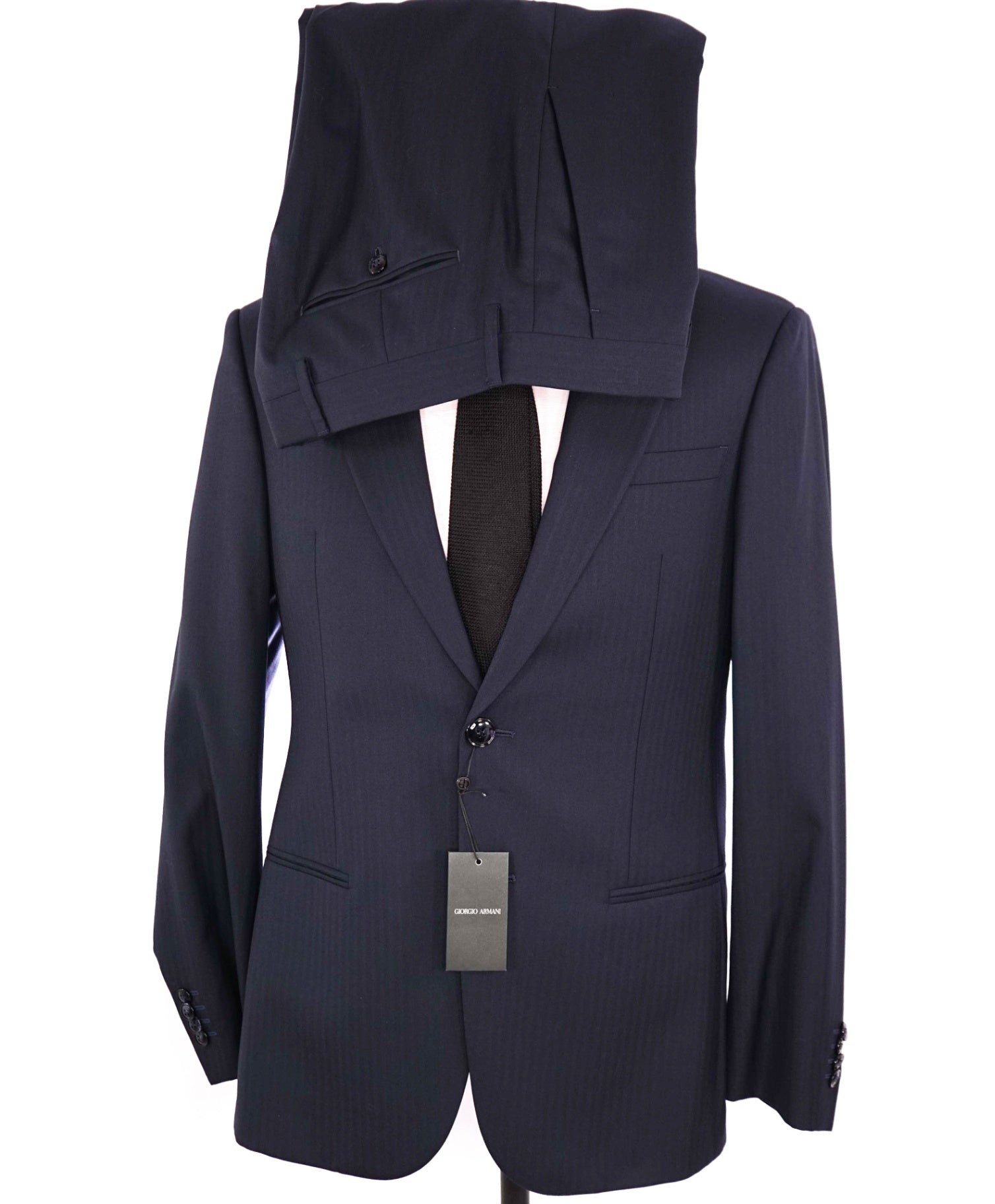 $5,000 GIORGIO ARMANI - "1/1 CUSTOM" Navy Peak Herringbone Suit 38R