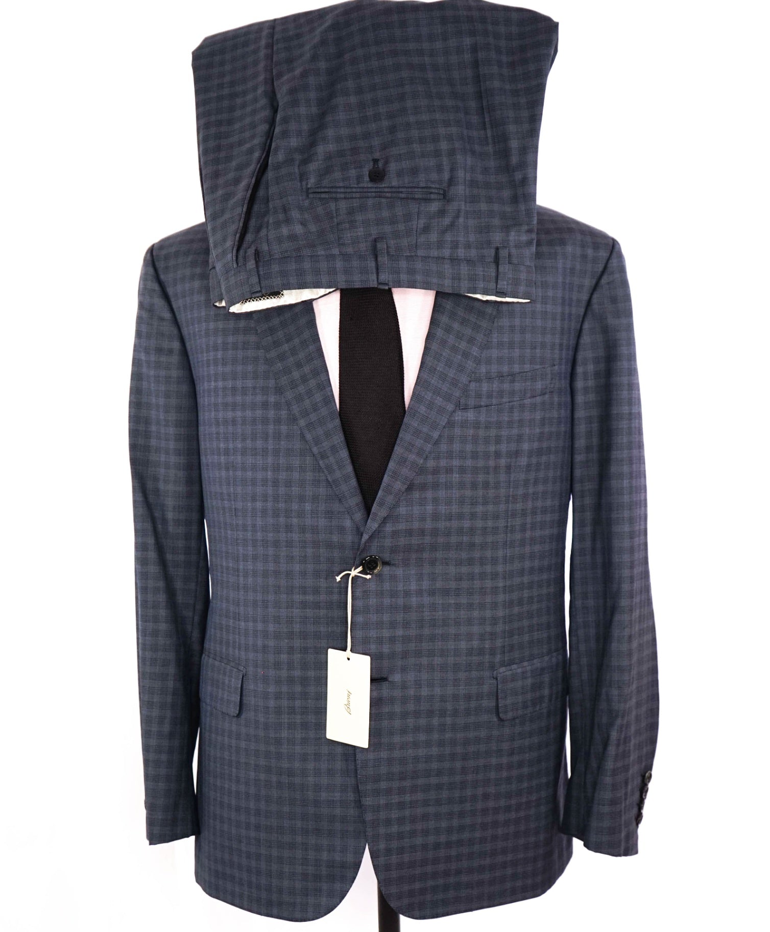 $7,000 Brioni "Bracciano" Navy Blue Check Wool/Silk Suit 48R