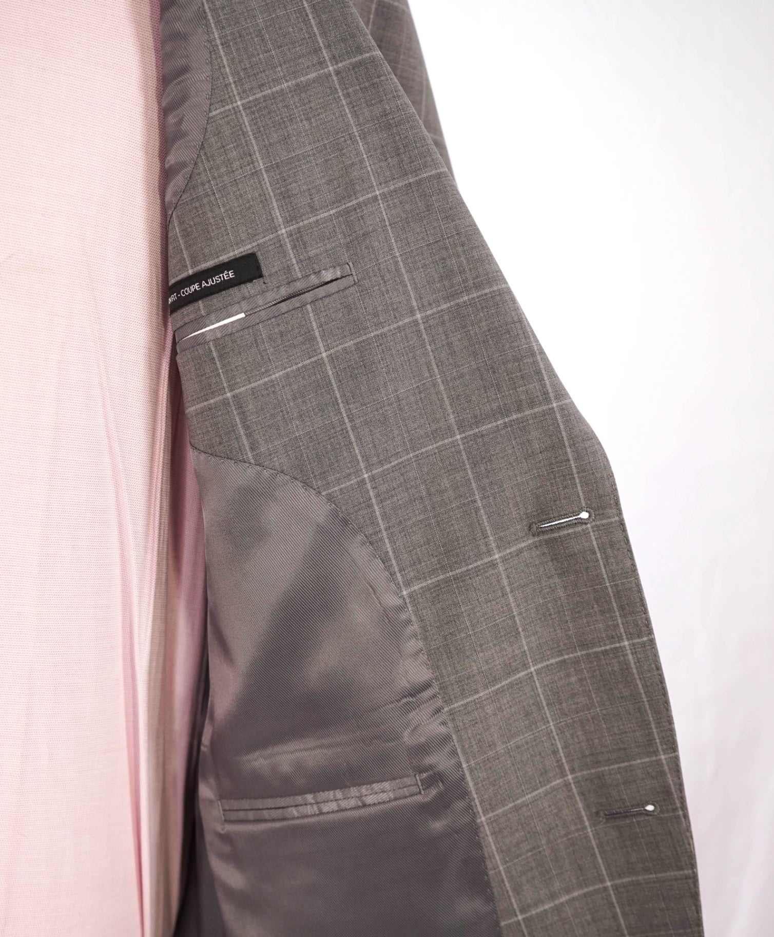 $995 Saks Fifth Avenue Light Grey Windowpane Slim fit Wool Suit 40L