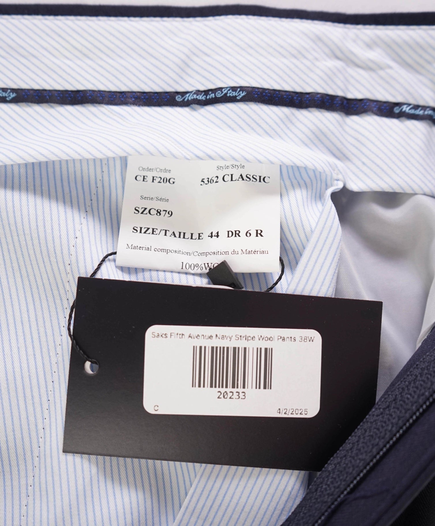 $400 Saks Fifth Avenue Navy Stripe Wool Pants 38W