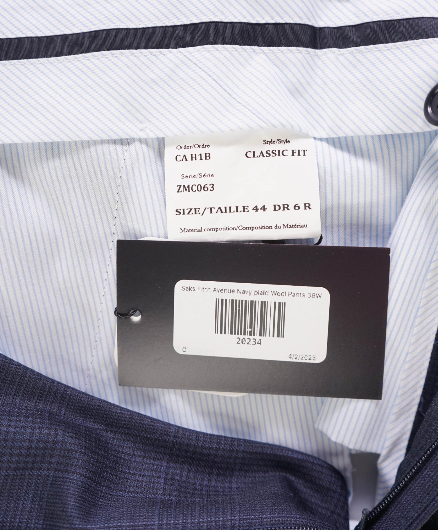 $400 Saks Fifth Avenue Navy plaid Wool Pants 38W