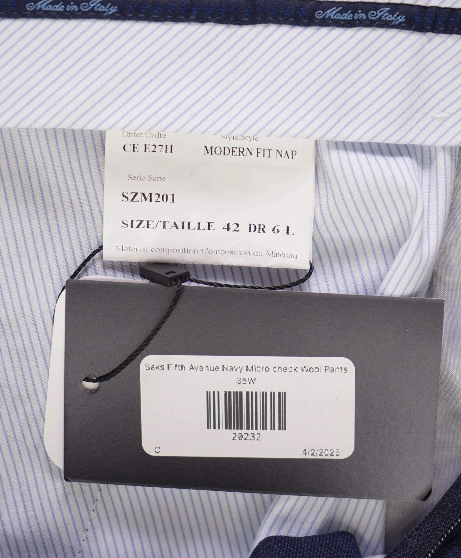 $400 Saks Fifth Avenue Navy Micro check Wool Pants 35W
