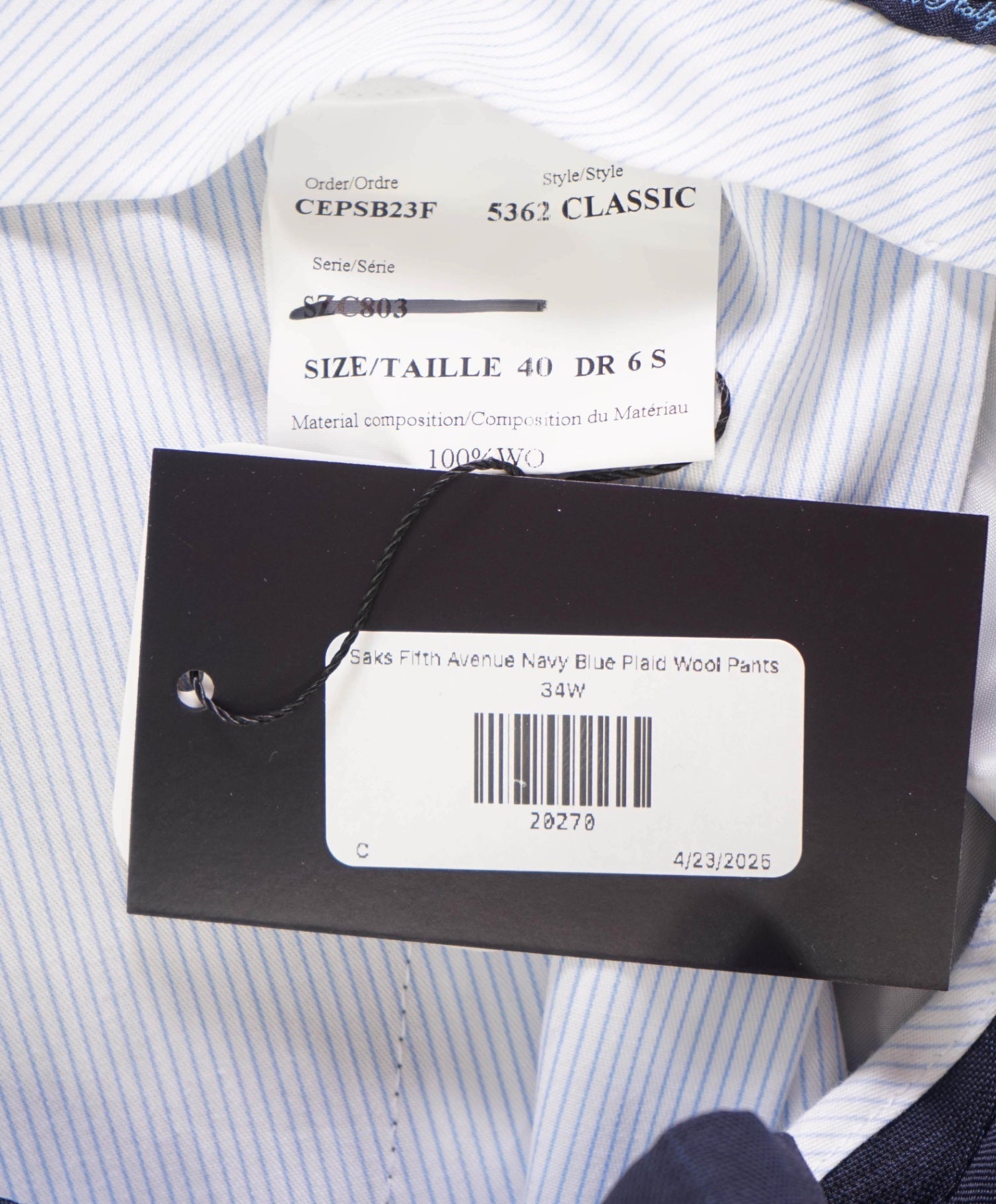 $400 Saks Fifth Avenue Navy Blue Plaid Wool Pants 34W