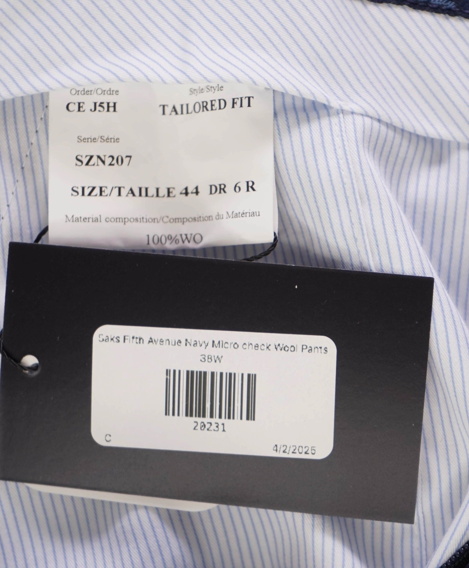$400 Saks Fifth Avenue Navy Micro check Wool Pants 38W