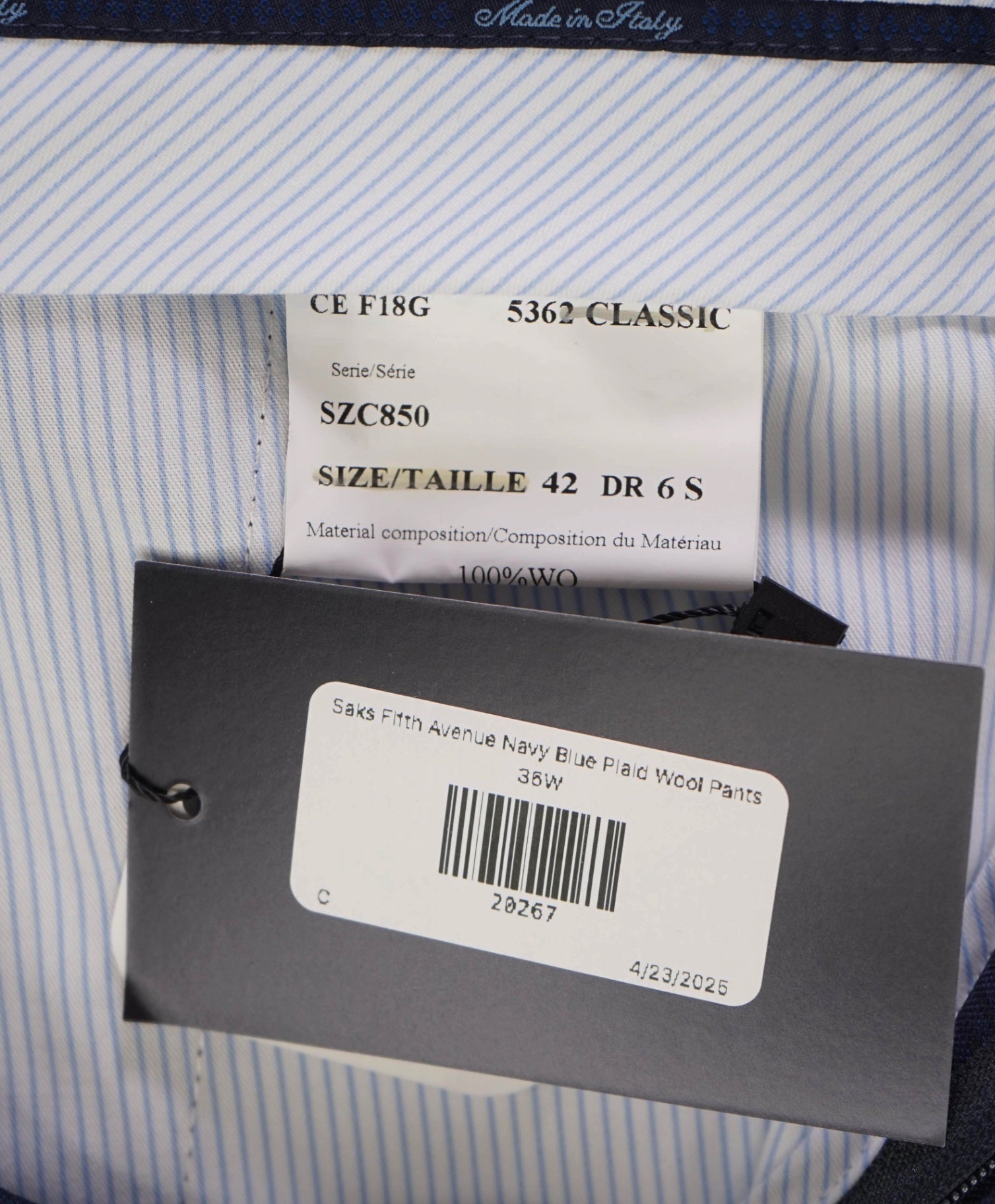 $400 Saks Fifth Avenue Navy Blue Plaid Wool Pants 36W
