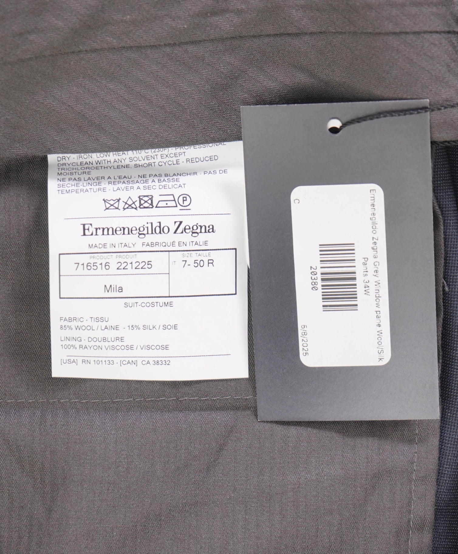 $895 Ermenegildo Zegna Grey Window pane Wool/Silk Pants 34W