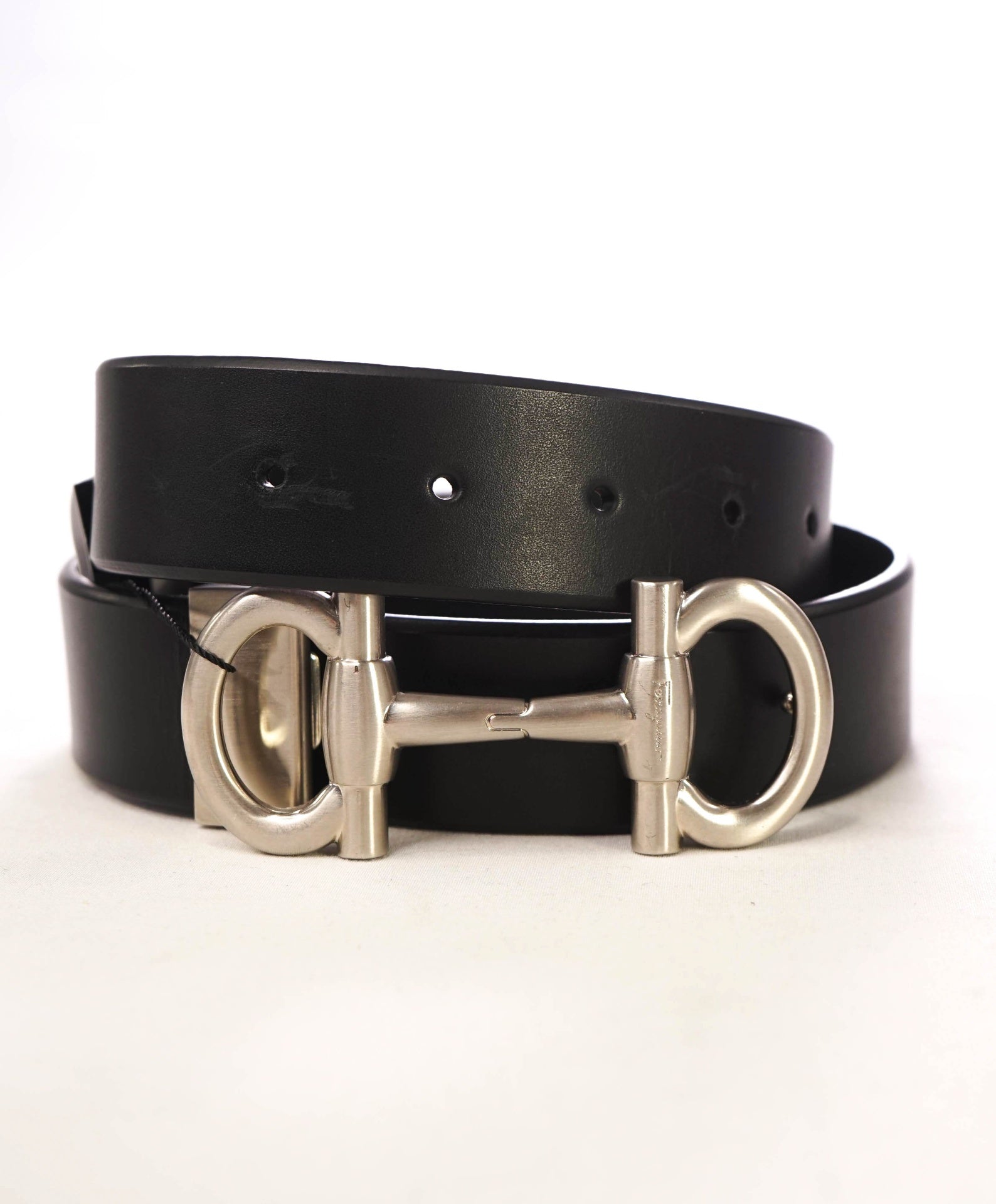 $535 Salvatore Ferragamo Silver Long Gancini Black Leather Belt 34W