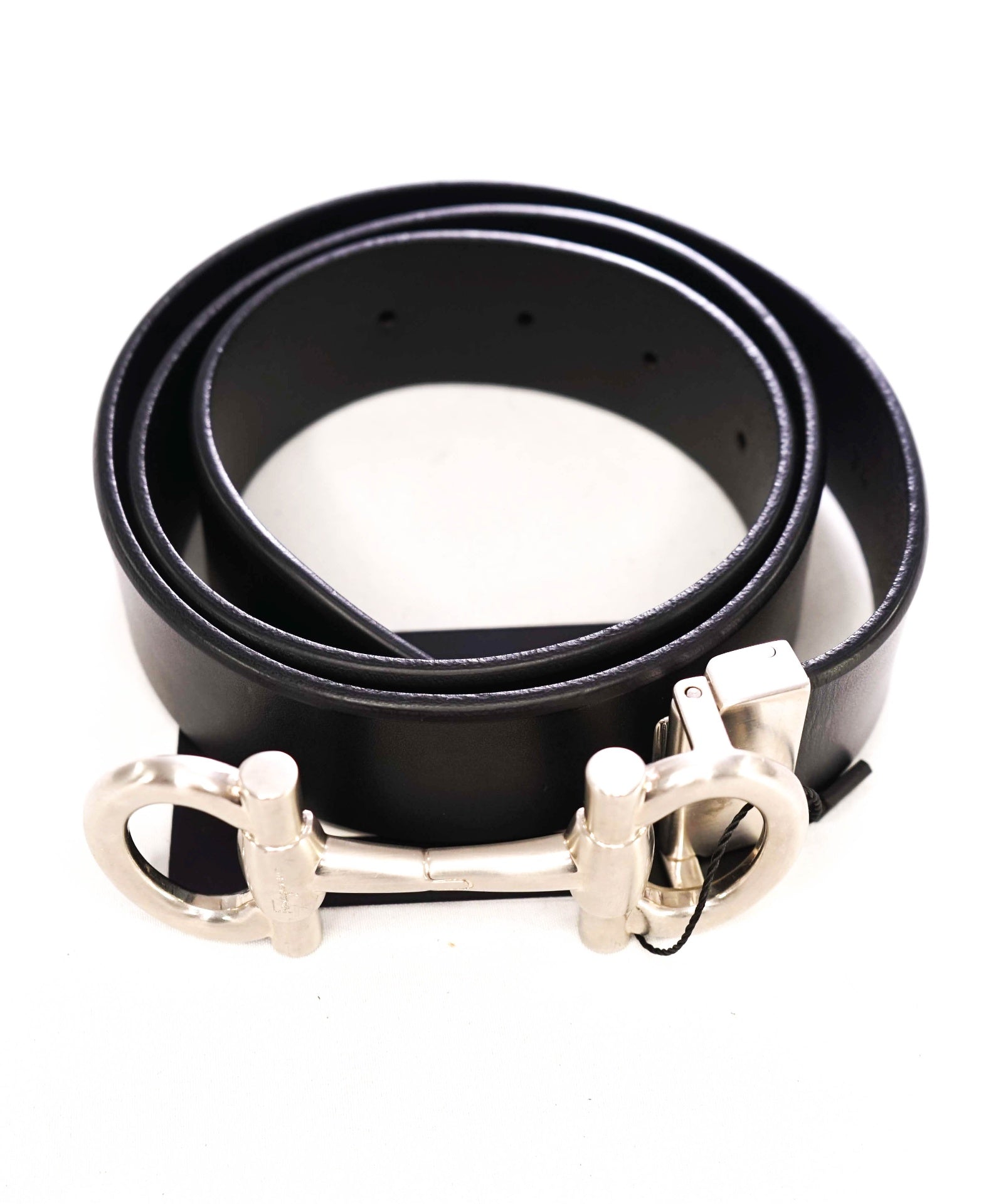 $535 Salvatore Ferragamo Silver Long Gancini Black Leather Belt 34W