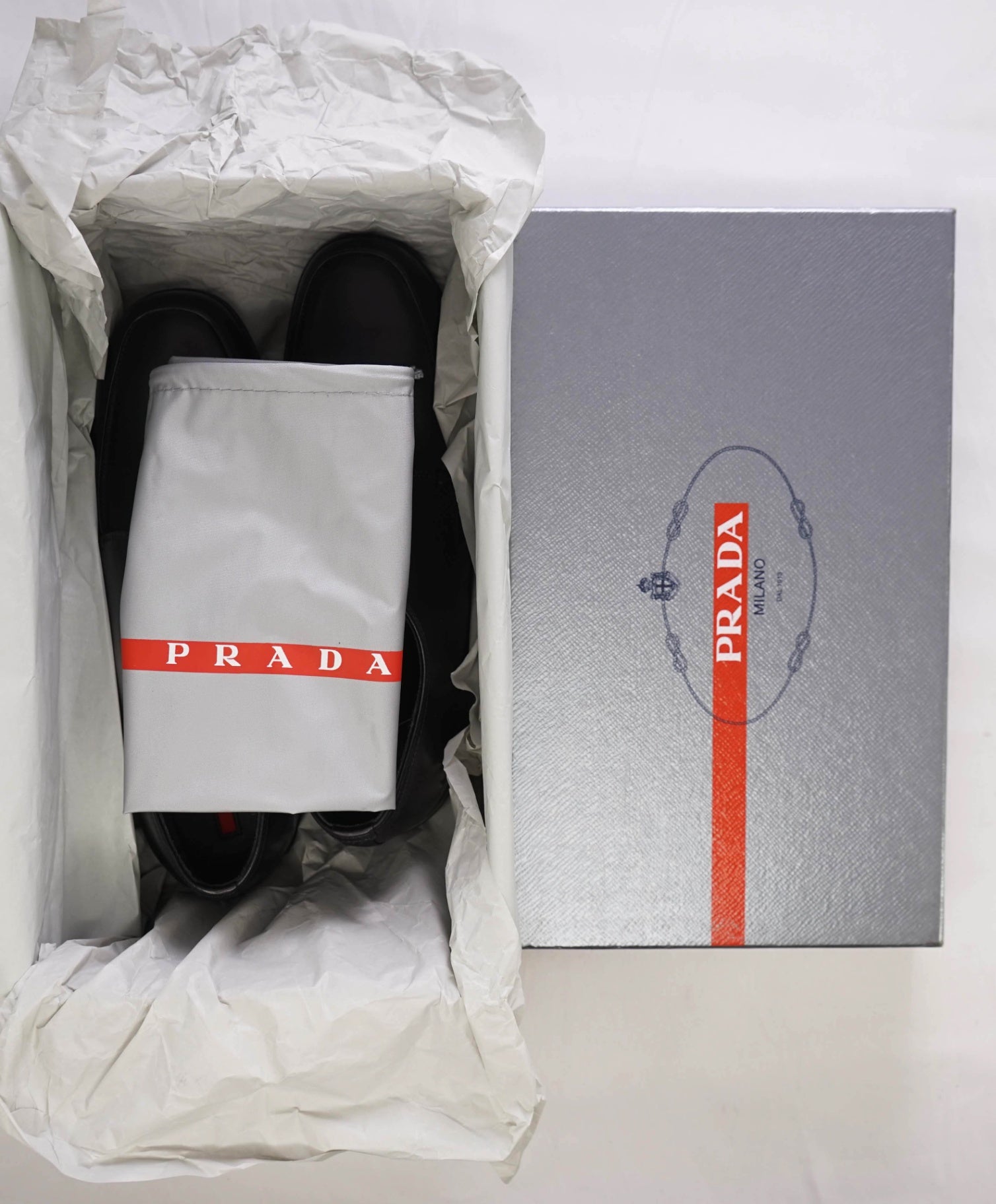 $795 Prada LINEA ROSSA Solid Black Leather Footwear US 7.5 (6.5UK)