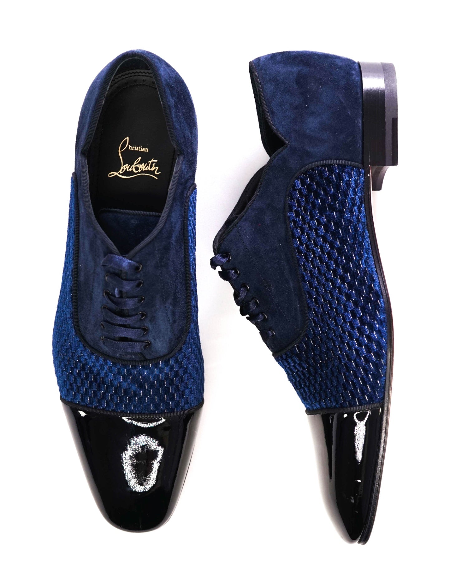 $1,200 Christian Louboutin Blue Leather/Suede/Velvet Oxfords US 8.5 (EU41.5)