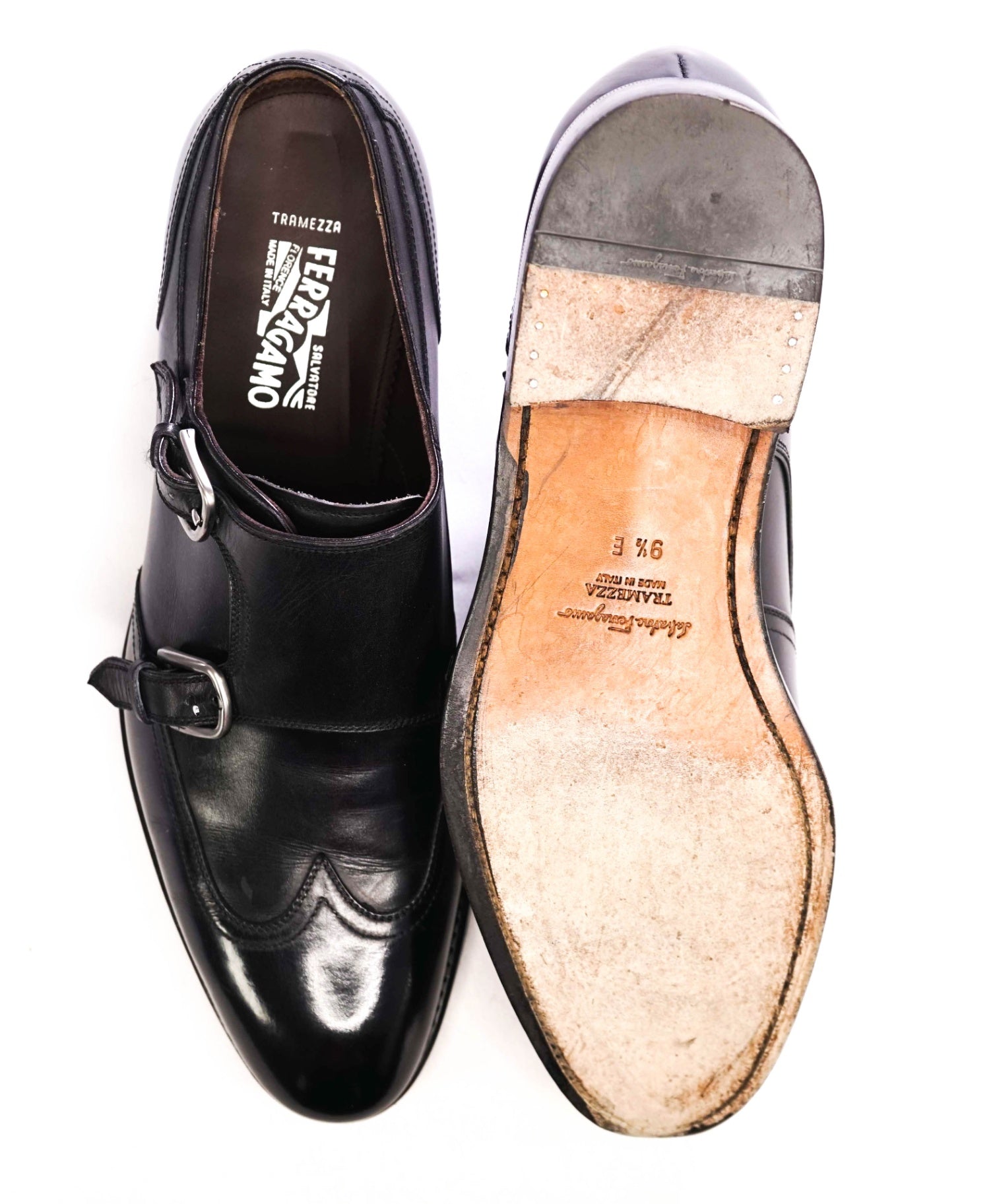 $1,295 Salvatore Ferragamo "TRAMEZZA" Black Monk Straps Loafers 9.5 E