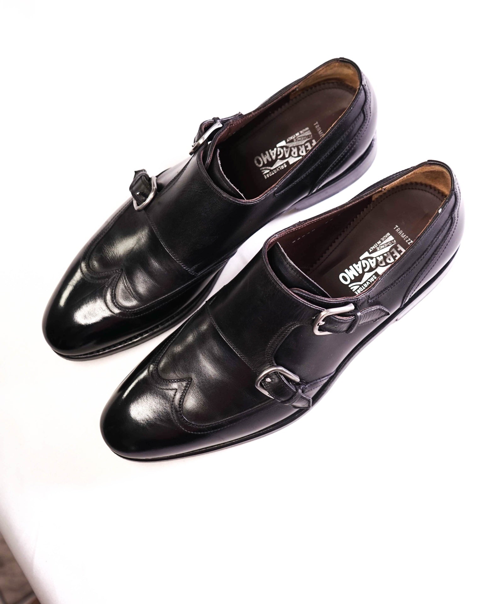 $1,295 Salvatore Ferragamo "TRAMEZZA" Black Monk Straps Loafers 9.5 E