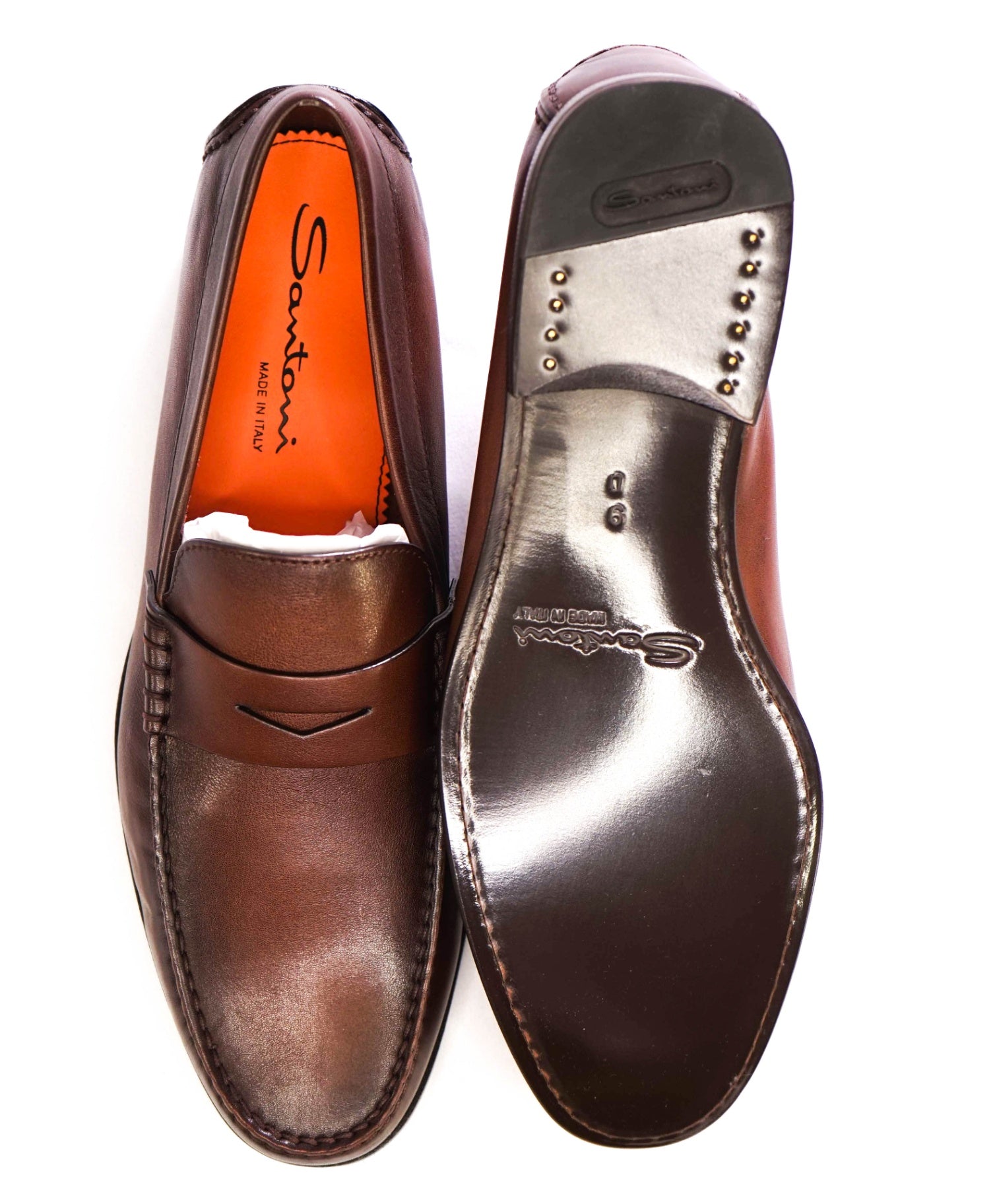 $750 Santoni "POSITANO" Brown Leather Penny Loafers US 9 D