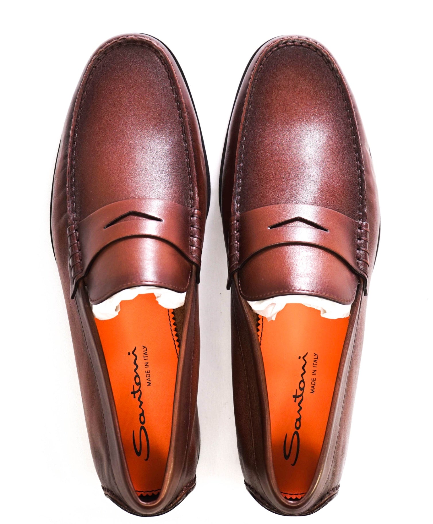 $750 Santoni "POSITANO" Brown Leather Penny Loafers US 9 D