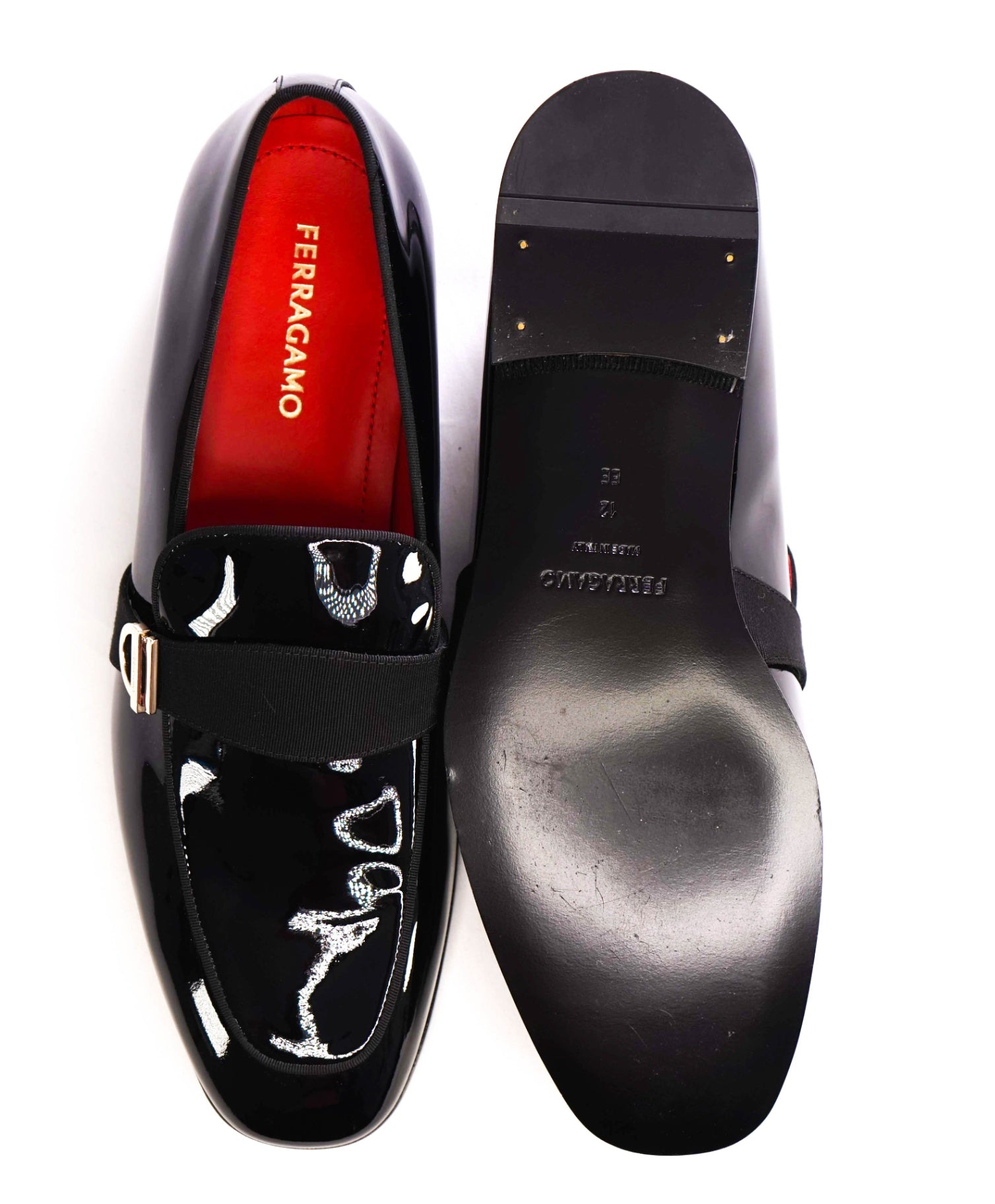 $1,050 Ferragamo Black Loafers Patent Leather Loafers 12 EE