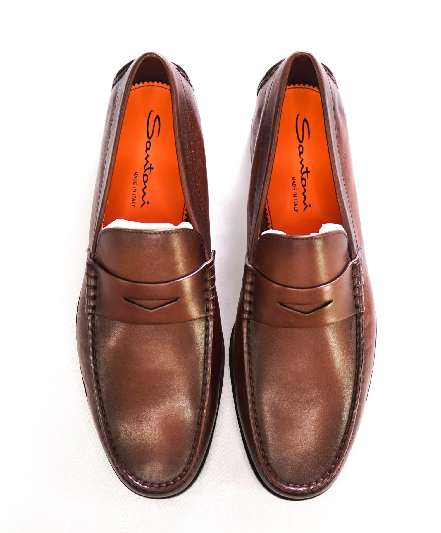 $750 Santoni "POSITANO" Brown Leather Penny Loafers US 9 D