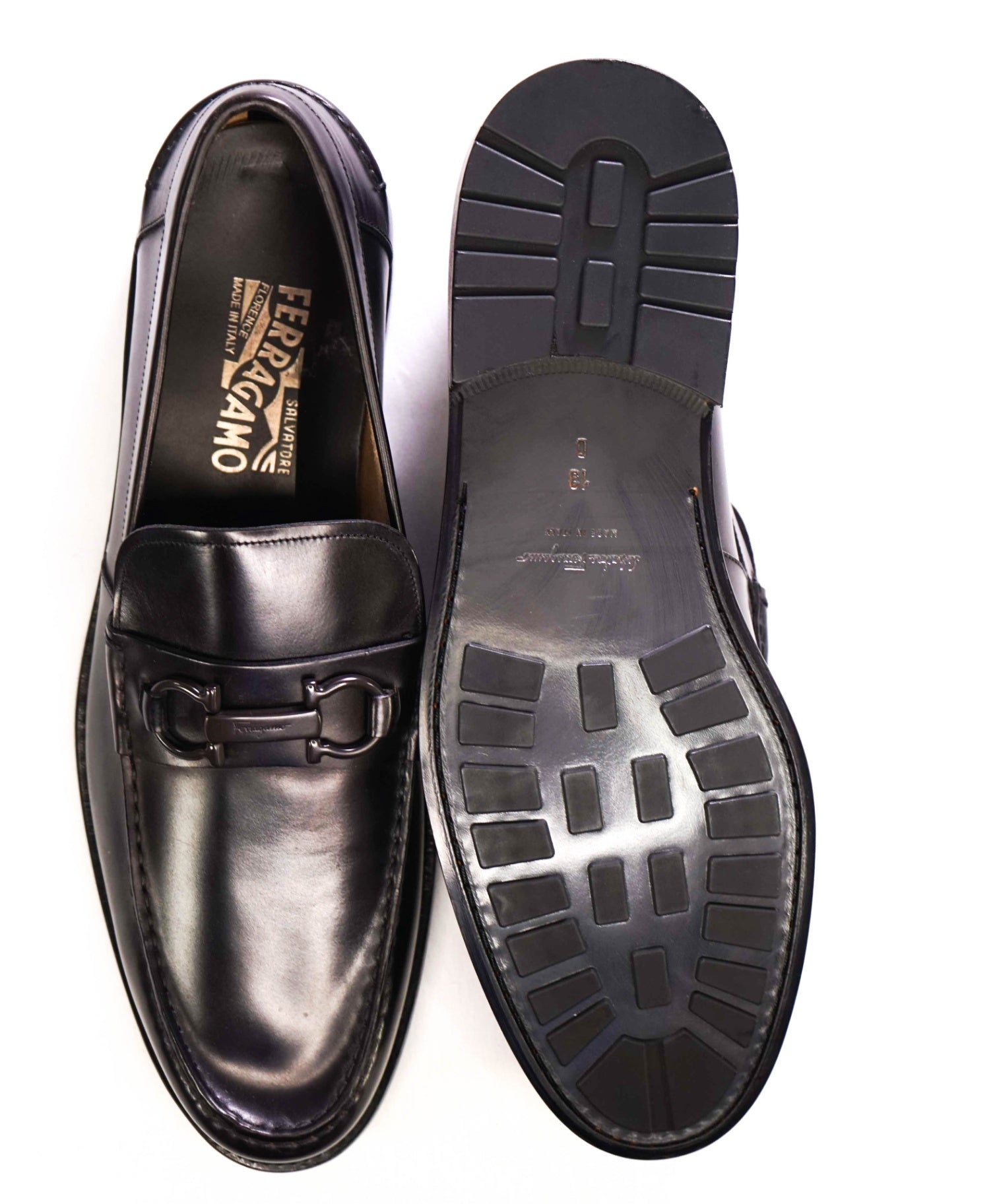 $850 Salvatore Ferragamo Black LUG SOLE Leather Loafers 13 D