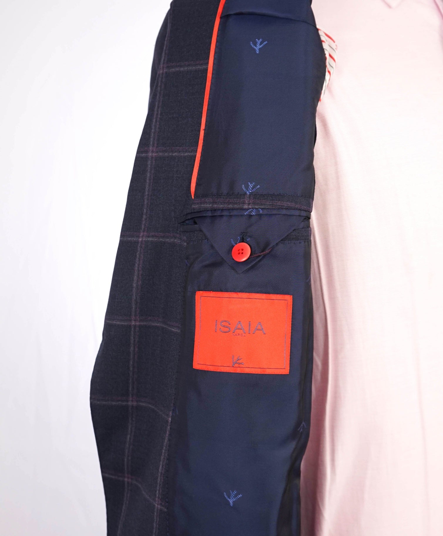 $5,750 ISAIA Navy/Pink Window Pane Check Wool Suit 38R