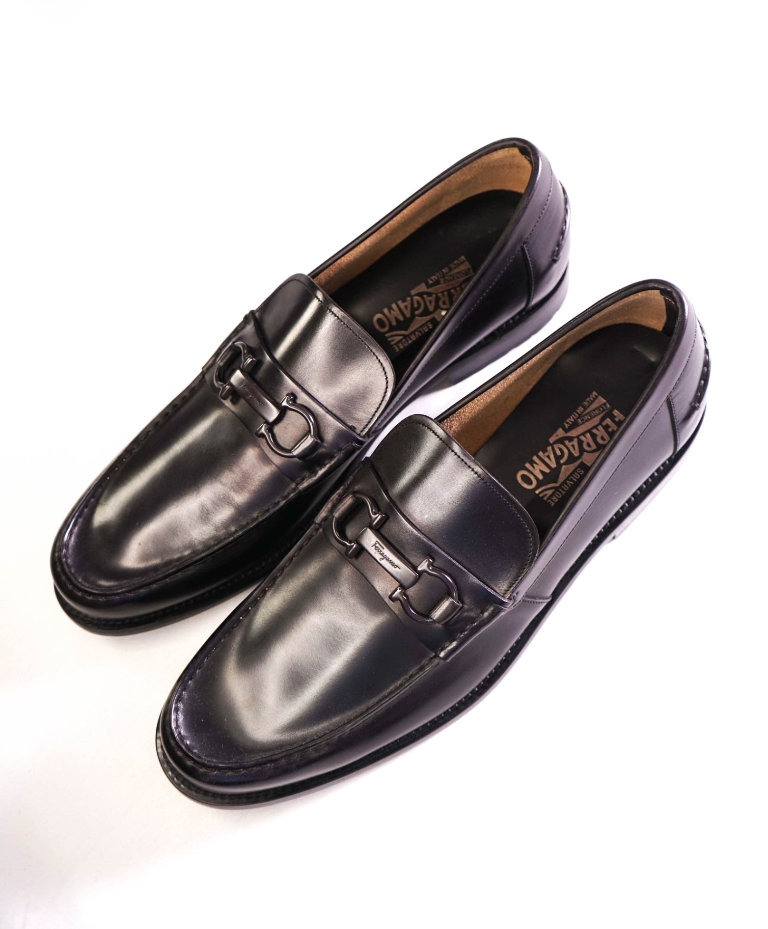 $850 Salvatore Ferragamo Black LUG SOLE Leather Loafers 13 D