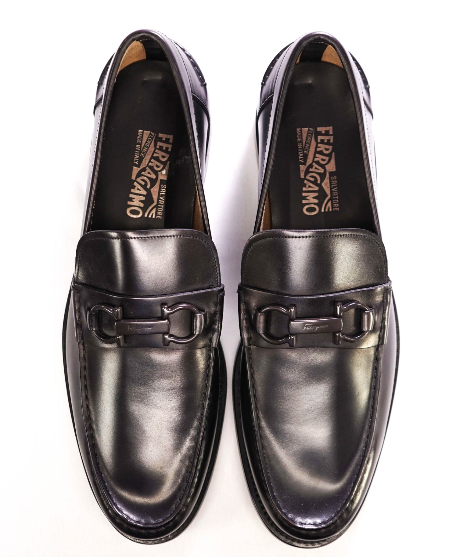 $850 Salvatore Ferragamo Black LUG SOLE Leather Loafers 13 D