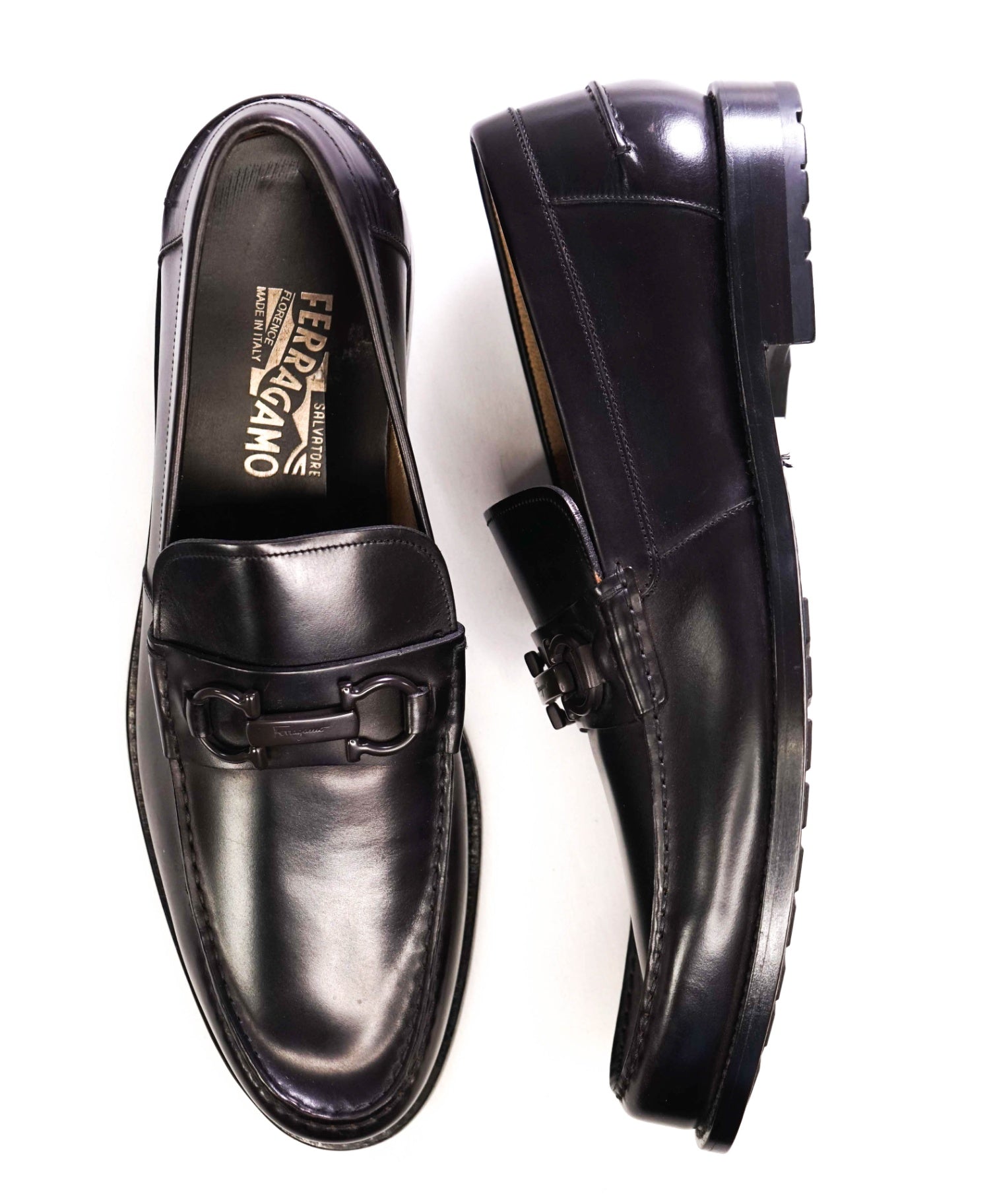 $850 Salvatore Ferragamo Black LUG SOLE Leather Loafers 13 D