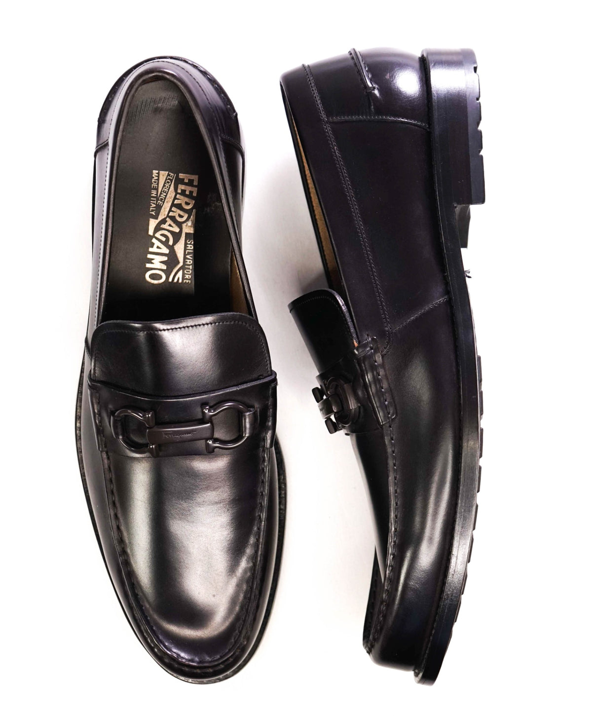 $850 Salvatore Ferragamo Black LUG SOLE Leather Loafers 13 D display picture 3