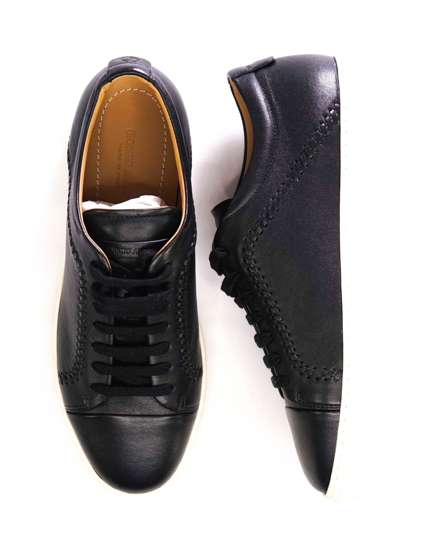 $1,050 Giorgio Armani Black Braided Leather Sneakers 8 US (7 UK)