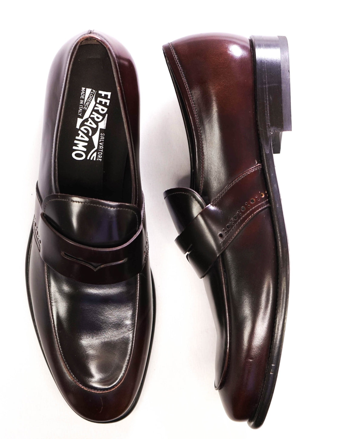 $850 Salvatore Ferragamo Dark Brown Leather Penny Loafers 12 D display picture 1
