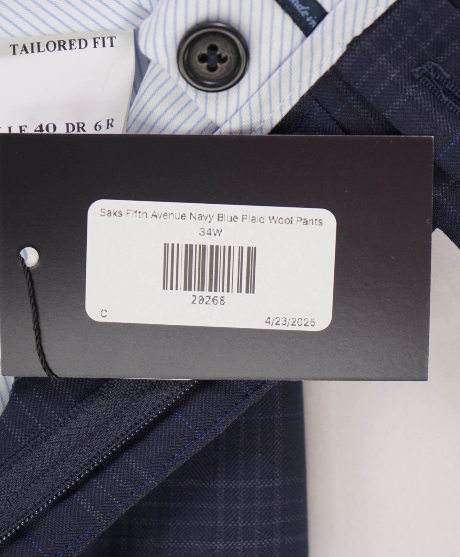 $400 Saks Fifth Avenue Navy Blue Plaid Wool Pants 34W