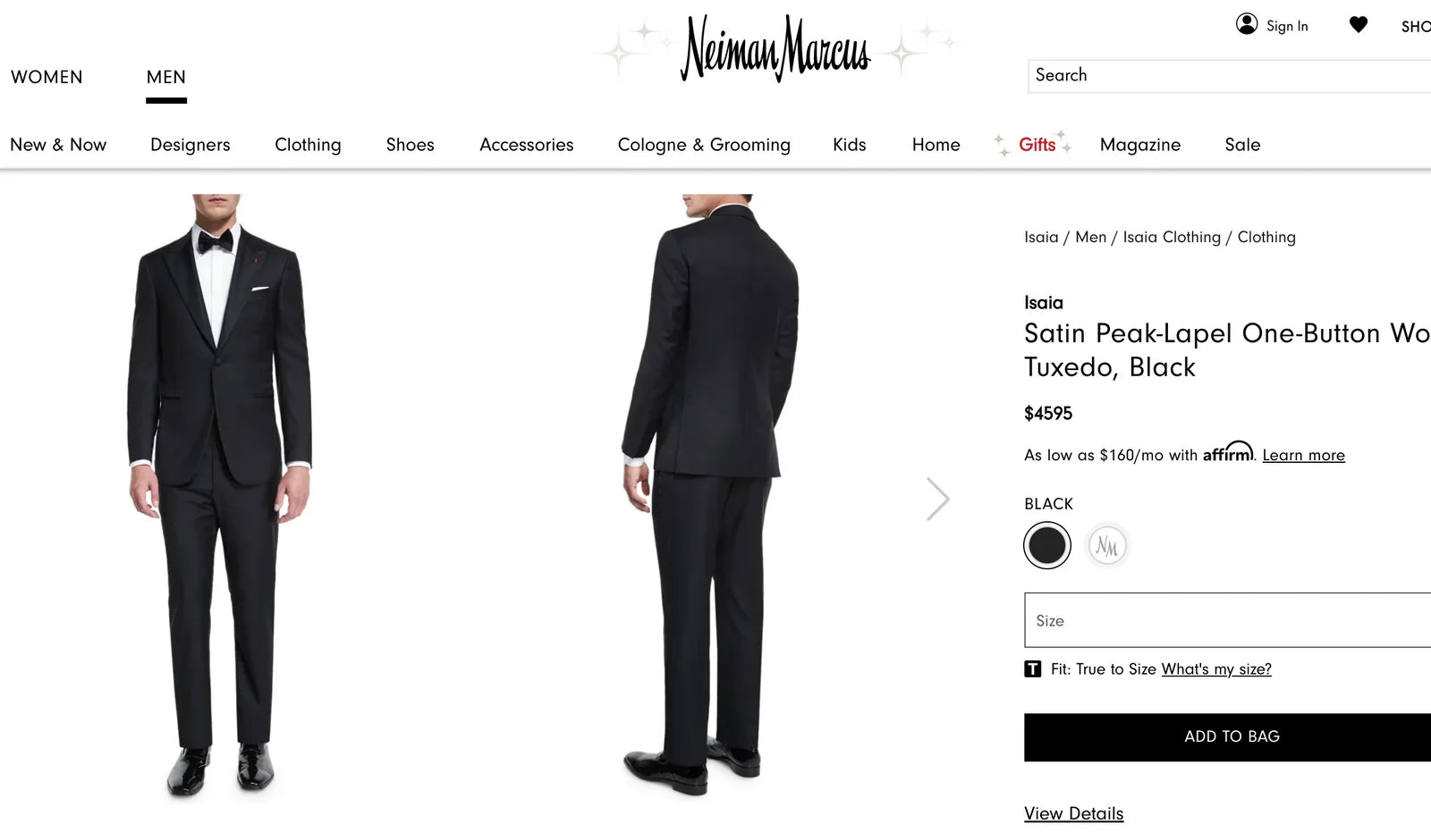 $4,595 ISAIA - "AQUASPIDER" Satin PEAK LAPEL Black Wool Tuxedo 48R