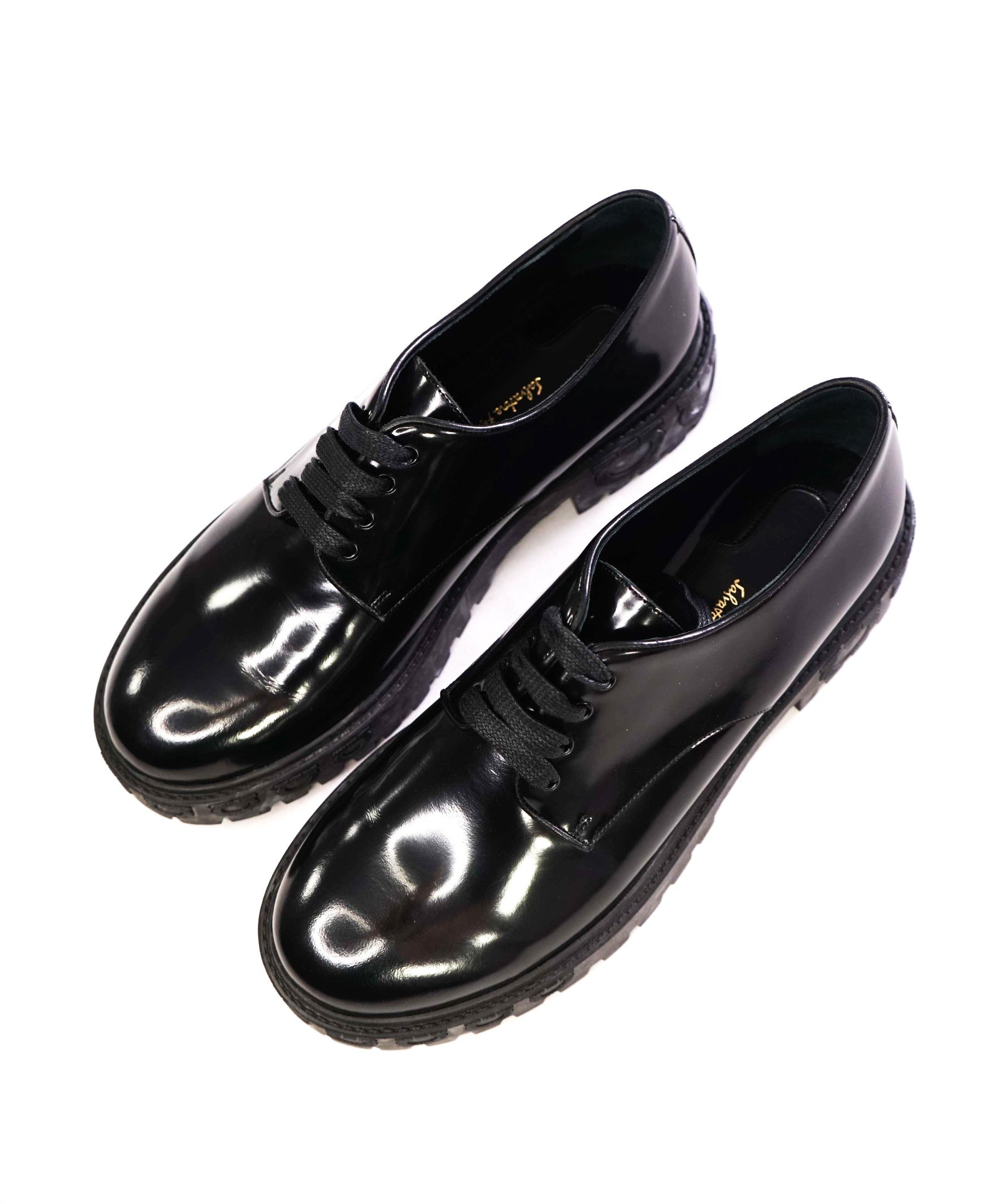 $750 Salvatore Ferragamo "Calvello" Black Leather Derbies 9.5C (Women)