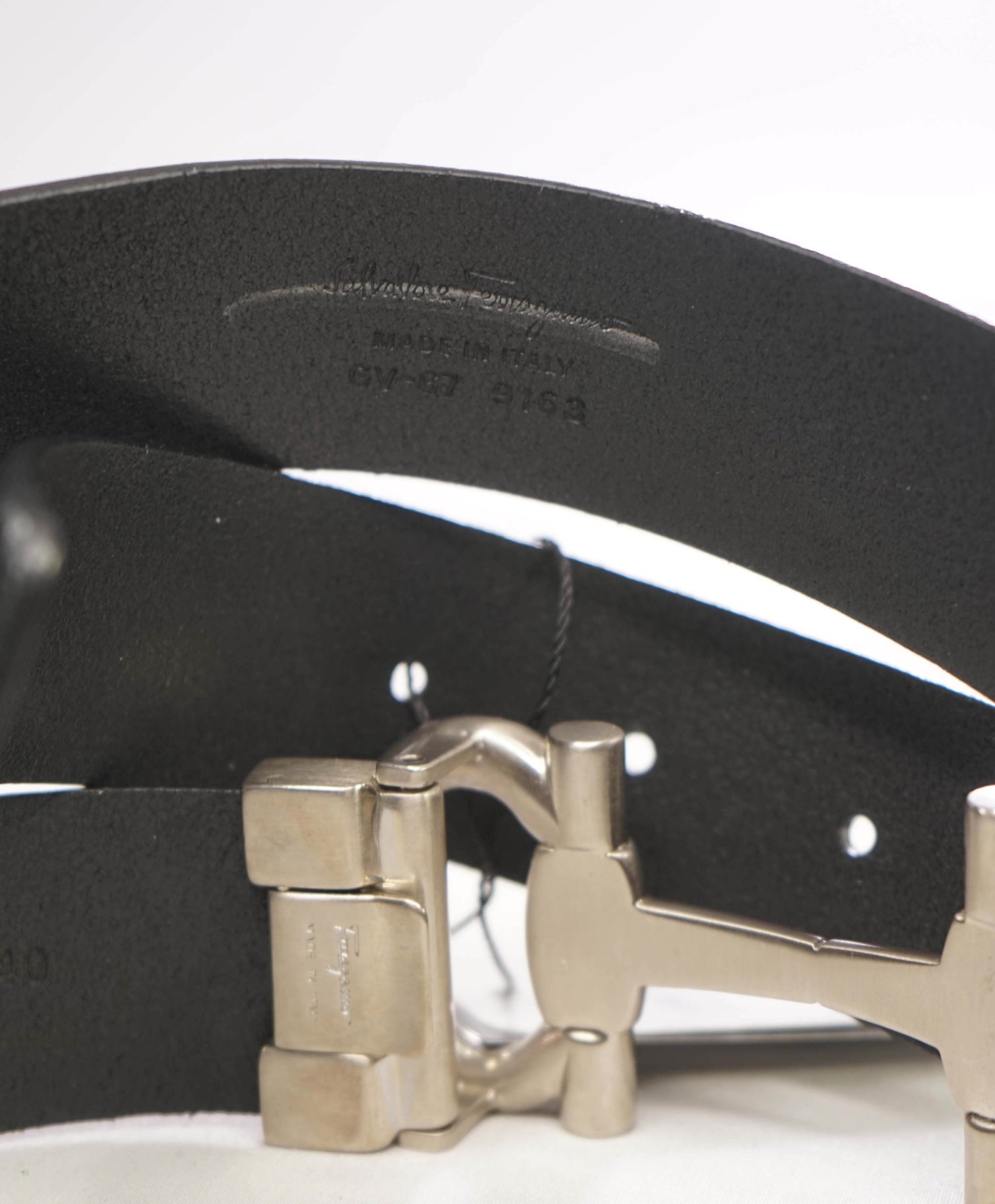 $535 Salvatore Ferragamo Silver Long Gancini Black Leather Belt 40W