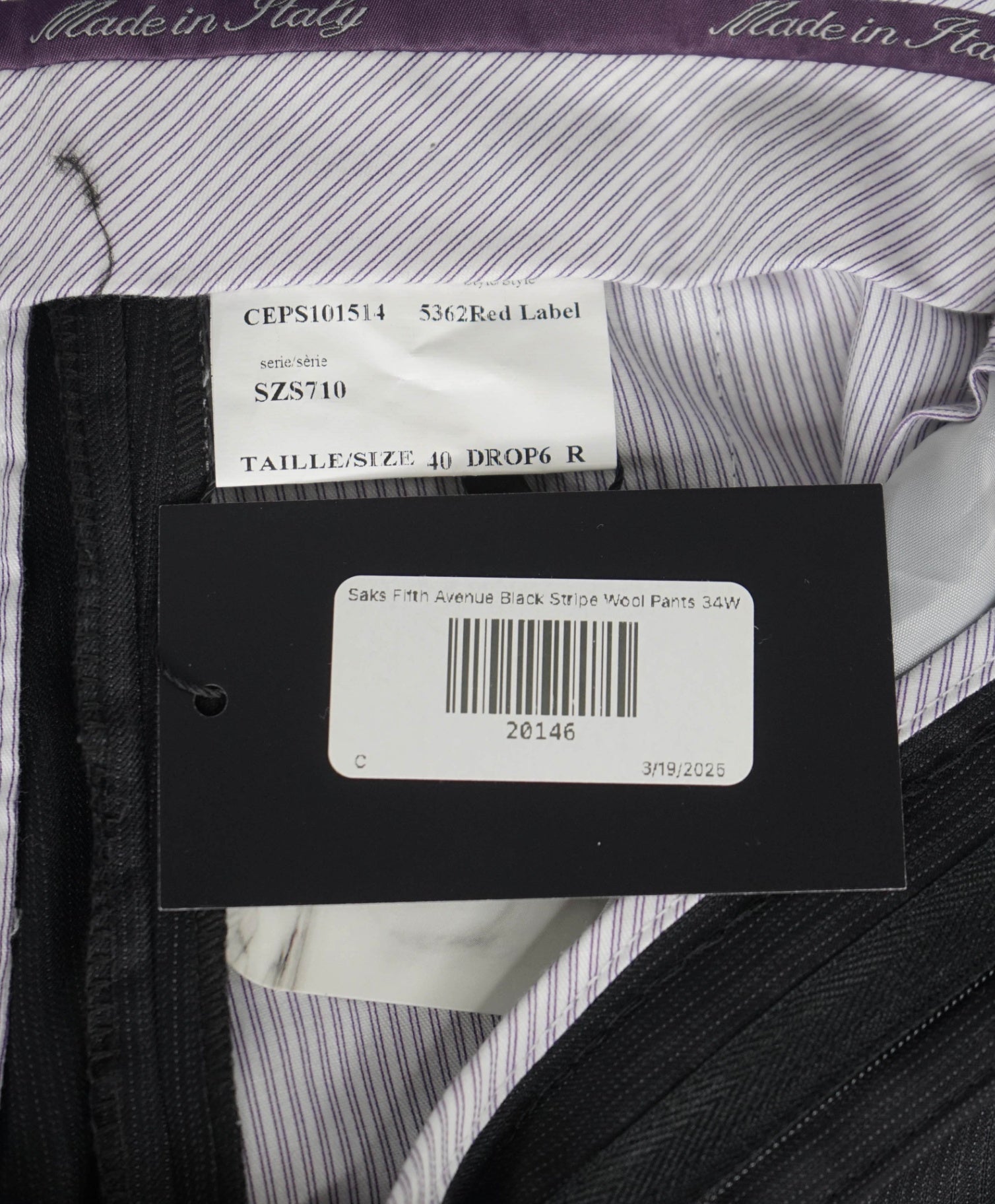 $400 Saks Fifth Avenue Black Textured Chalk Stripe Wool Pants 34W