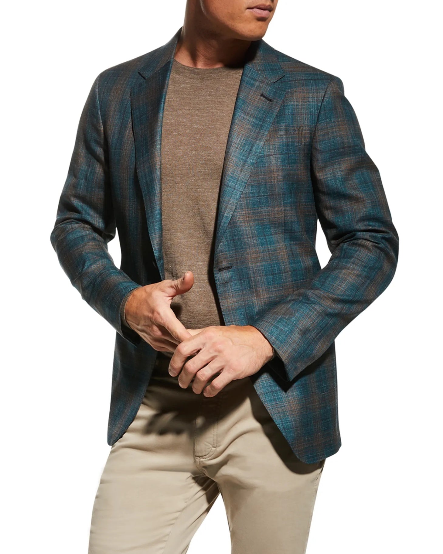 $2,695 Ermenegildo Zegna Teal/Camel Wool/Silk/Linen Blazer 46R