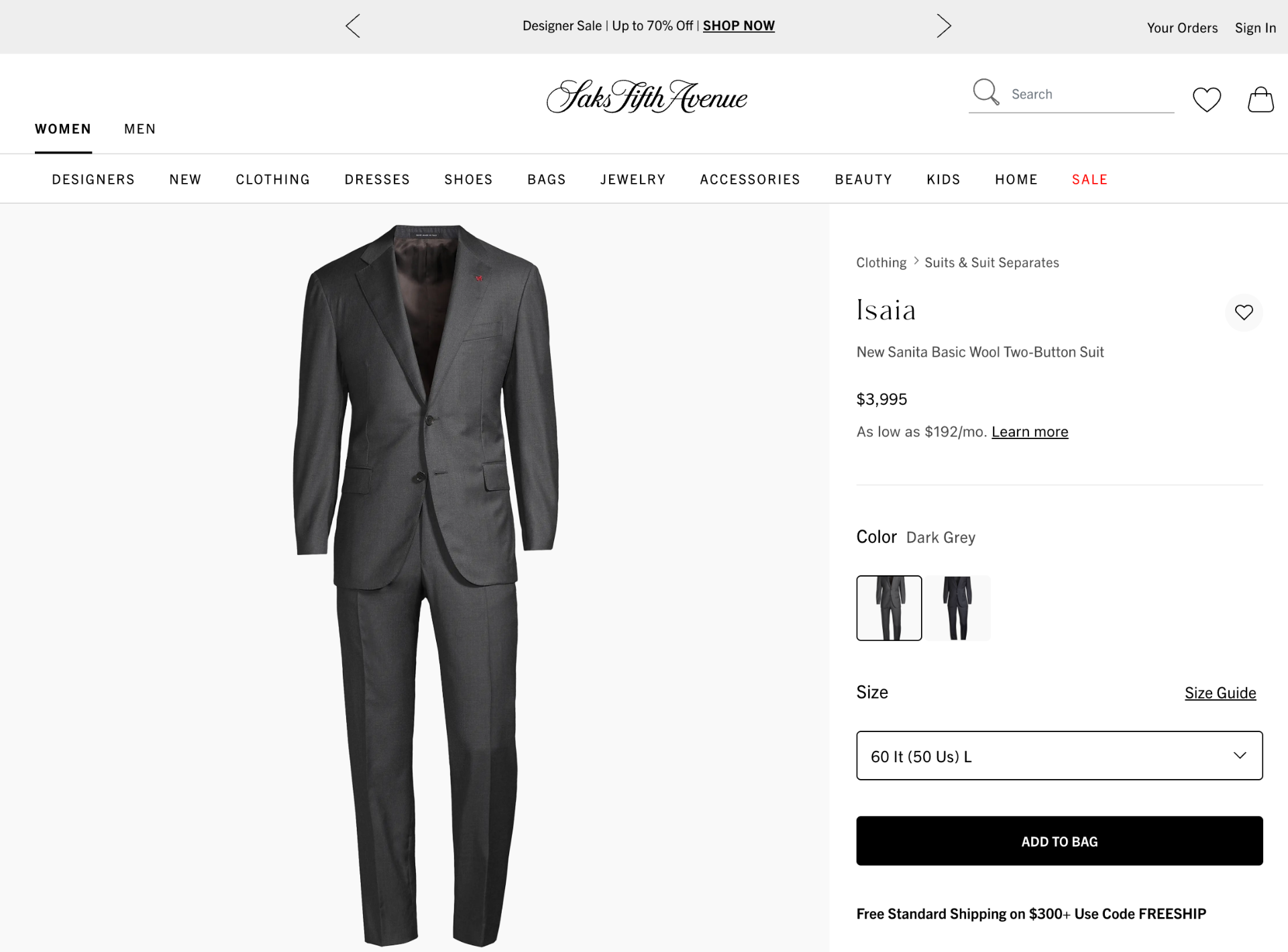 $3,995 ISAIA - Solid Gray "AQUASPIDER" Coral Pin Wool Suit 48R