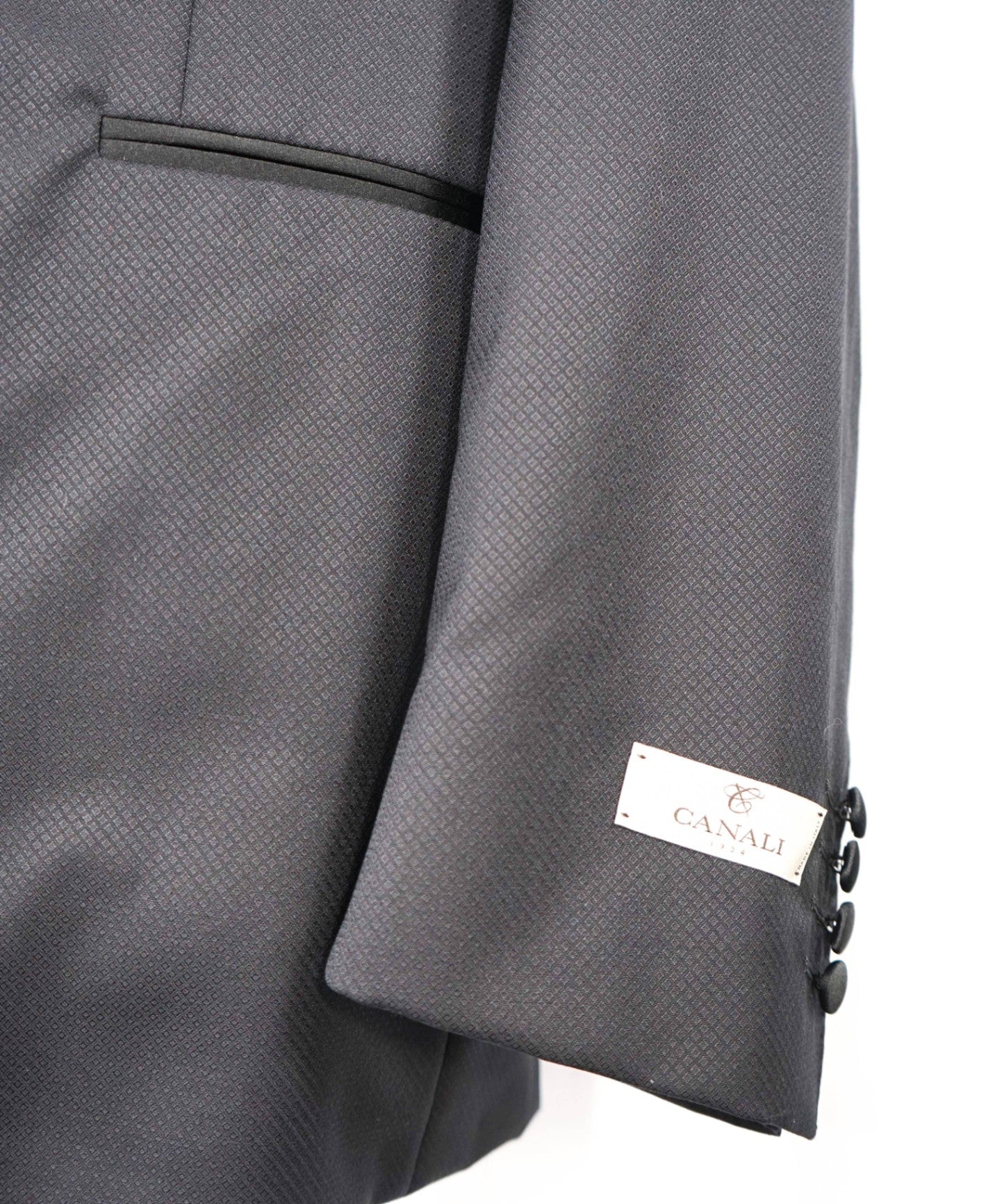$2,195 CANALI Micro Textured Black Wool Peak Lapel Tuxedo Suit 46R