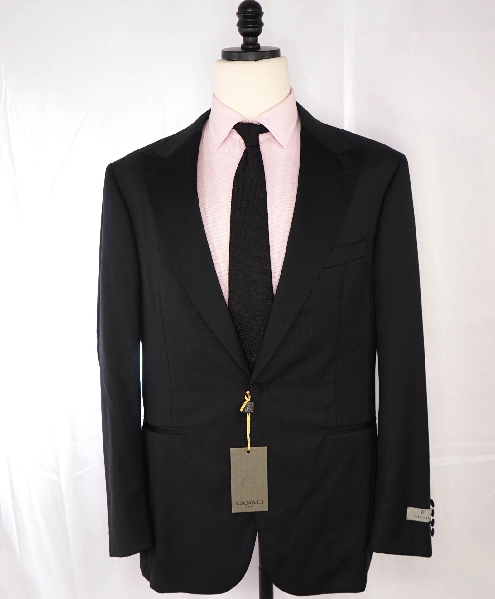 $2,195 CANALI Micro Textured Black Wool Peak Lapel Tuxedo Suit 46R
