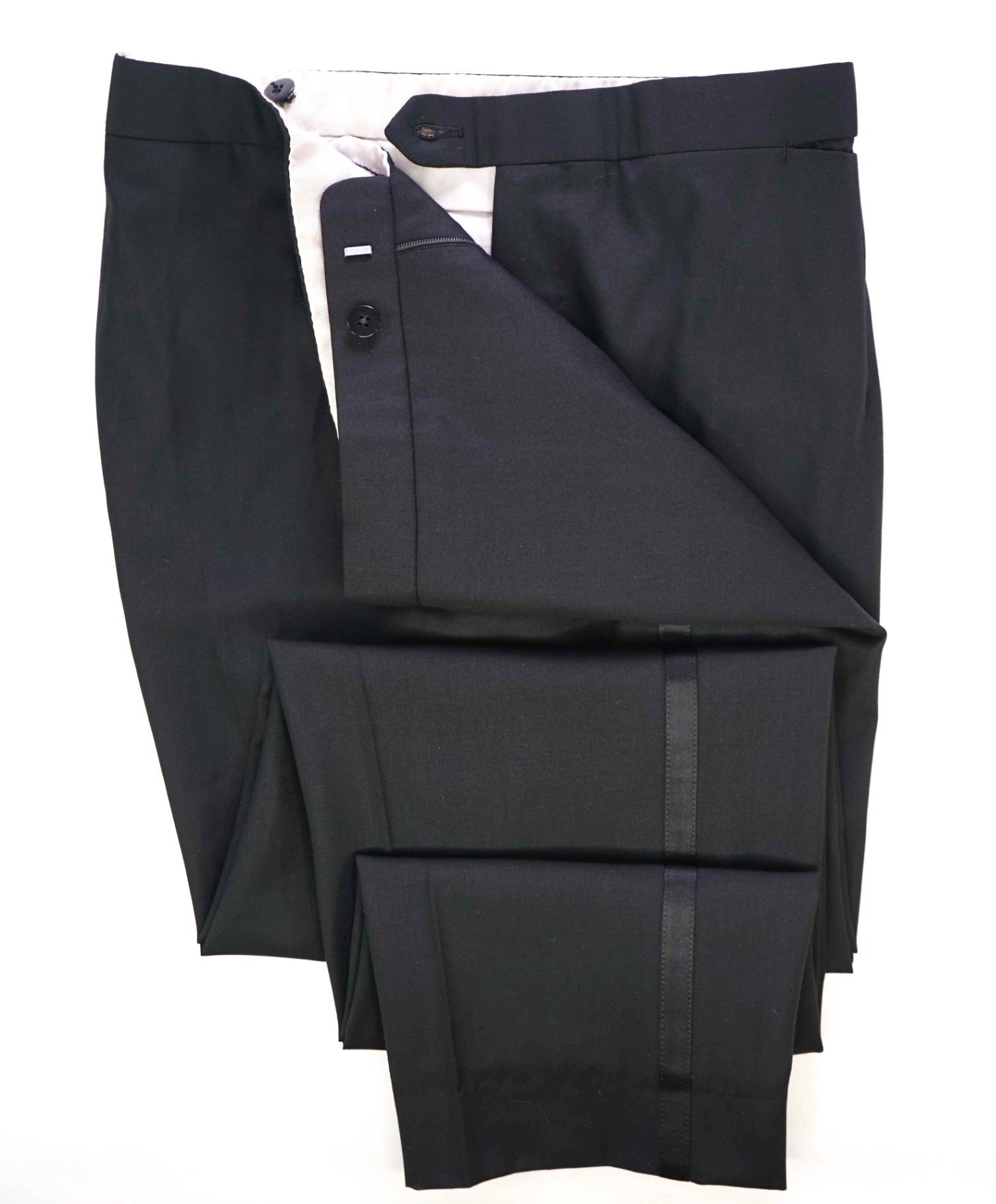 $1,295 Brioni Solid Black Wool TUXEDO Dinner Flat Front Pants 40W