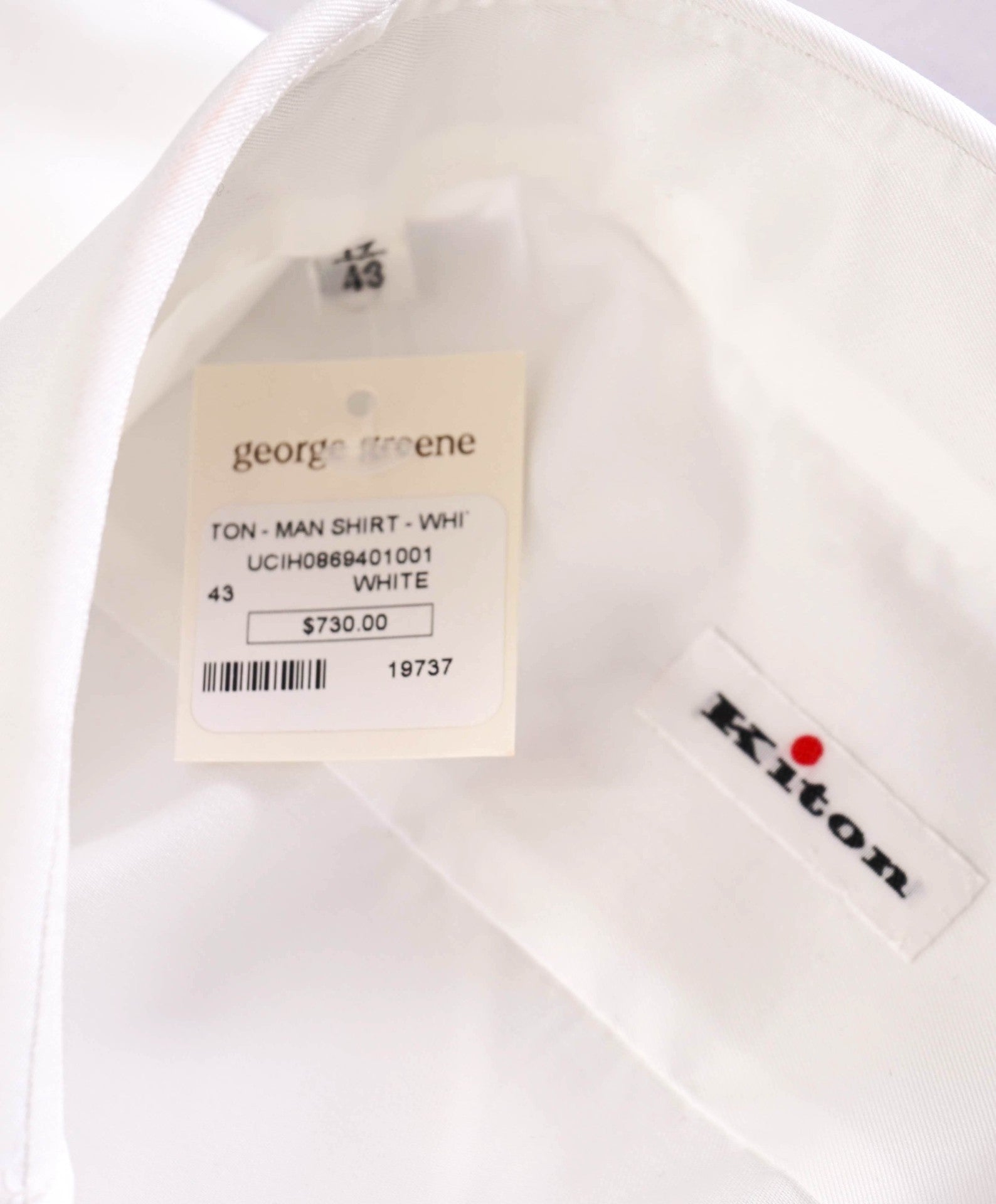 $775 KITON Solid White Cotton MOP Button Shirt 17 US (43 Kiton)