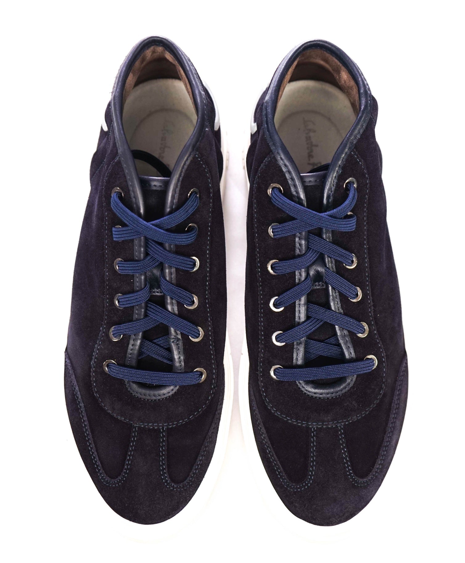 $750 Salvatore Ferragamo Navy Logo Hightop Sneakers Suede 9 M