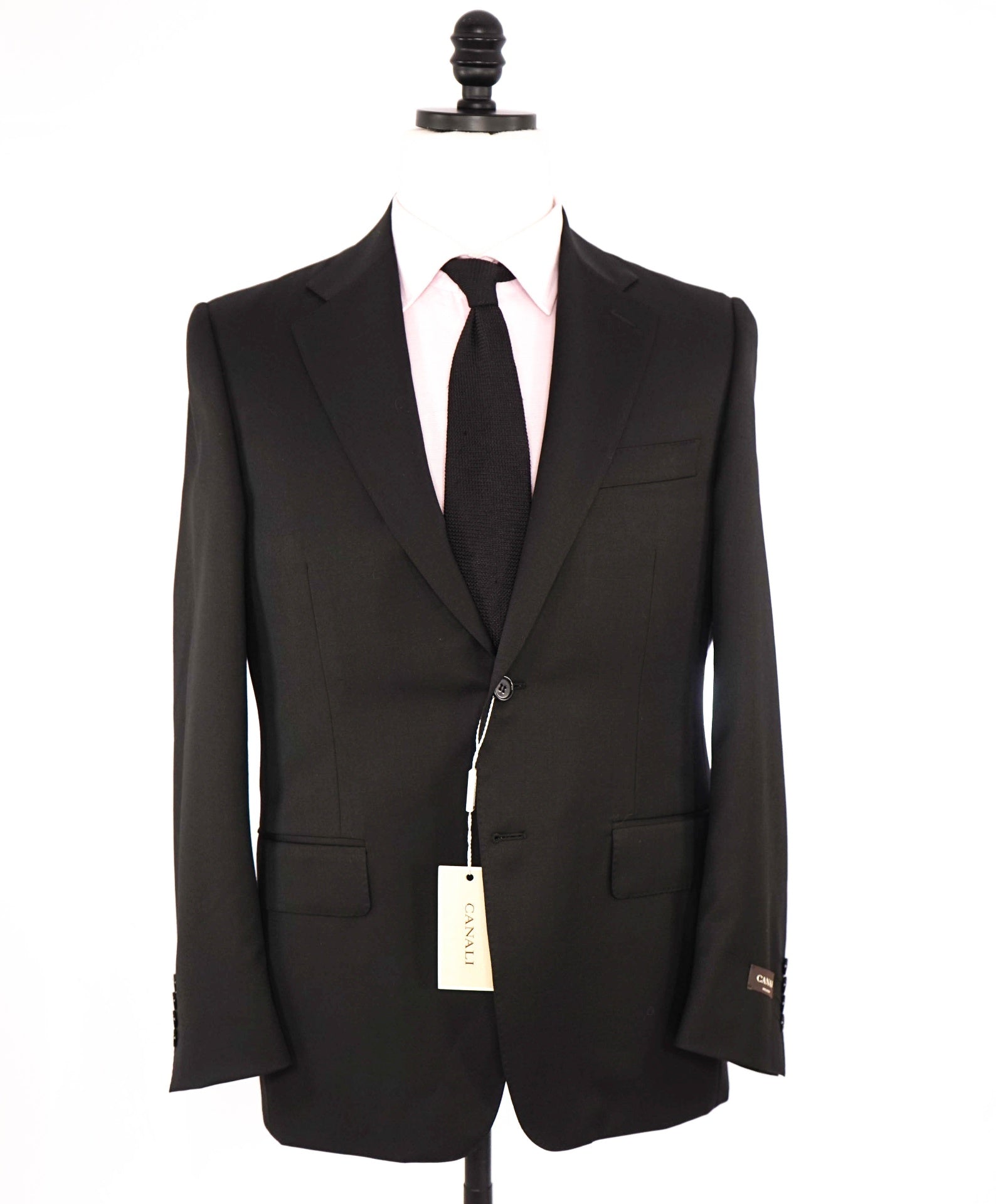$1,895 CANALI Solid Black 2-Btn Notch Lapel Wool Suit 36S