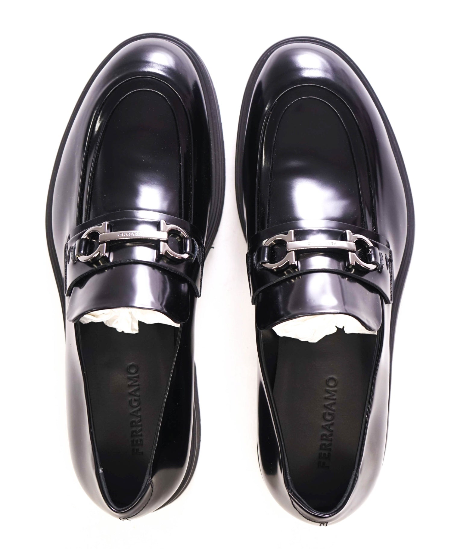$1,150 FERRAGAMO - *FIORELLO* Black Leather Lug Sole Loafers - 10.5 M