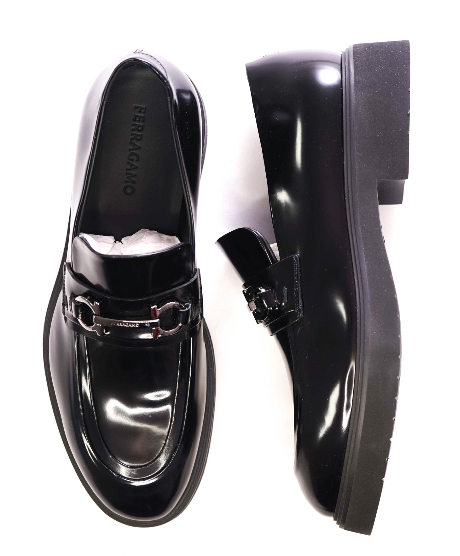 $1,150 FERRAGAMO - *FIORELLO* Black Leather Lug Sole Loafers - 12 M