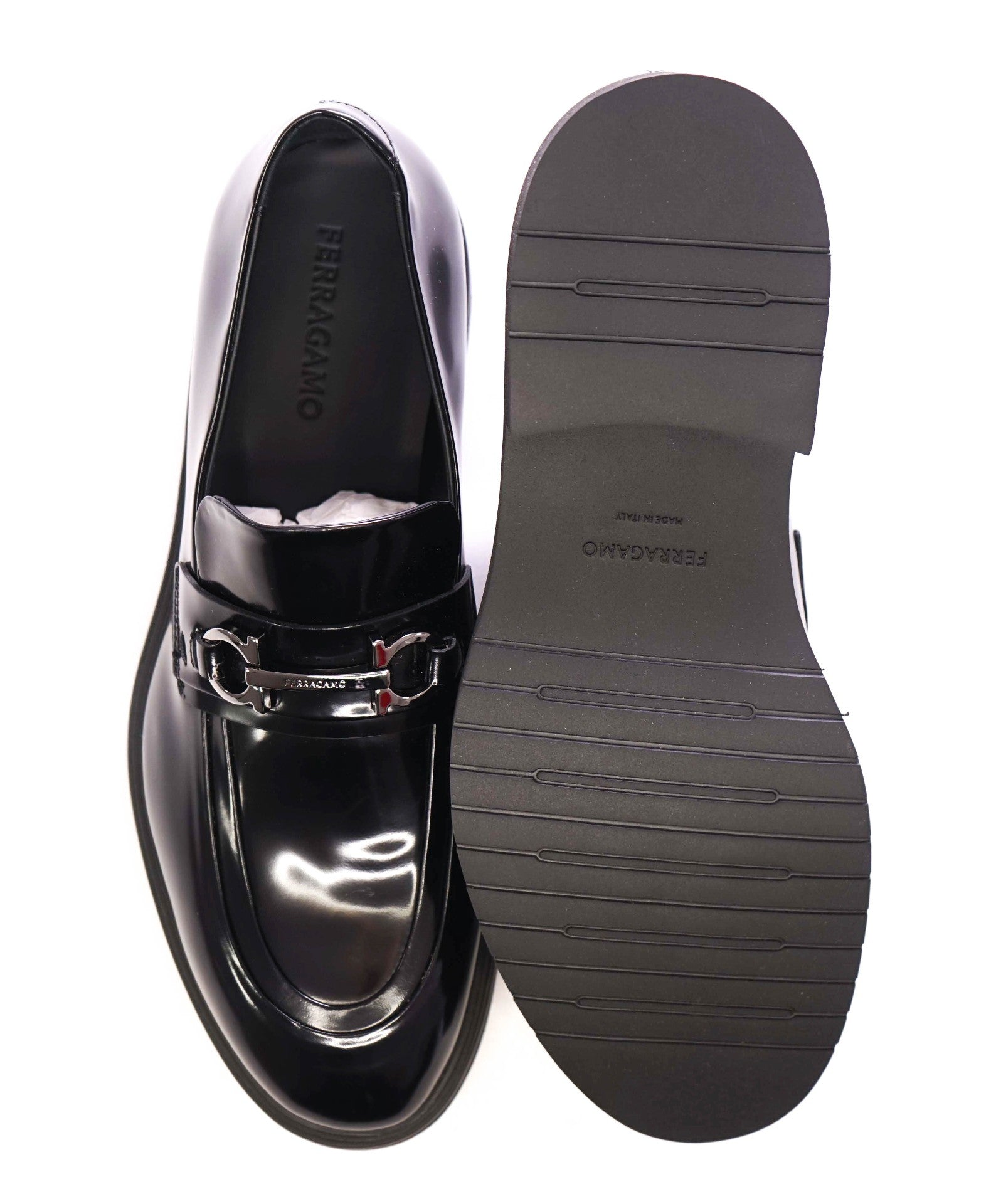 $1,150 FERRAGAMO - *FIORELLO* Black Leather Lug Sole Loafers - 11.5 M