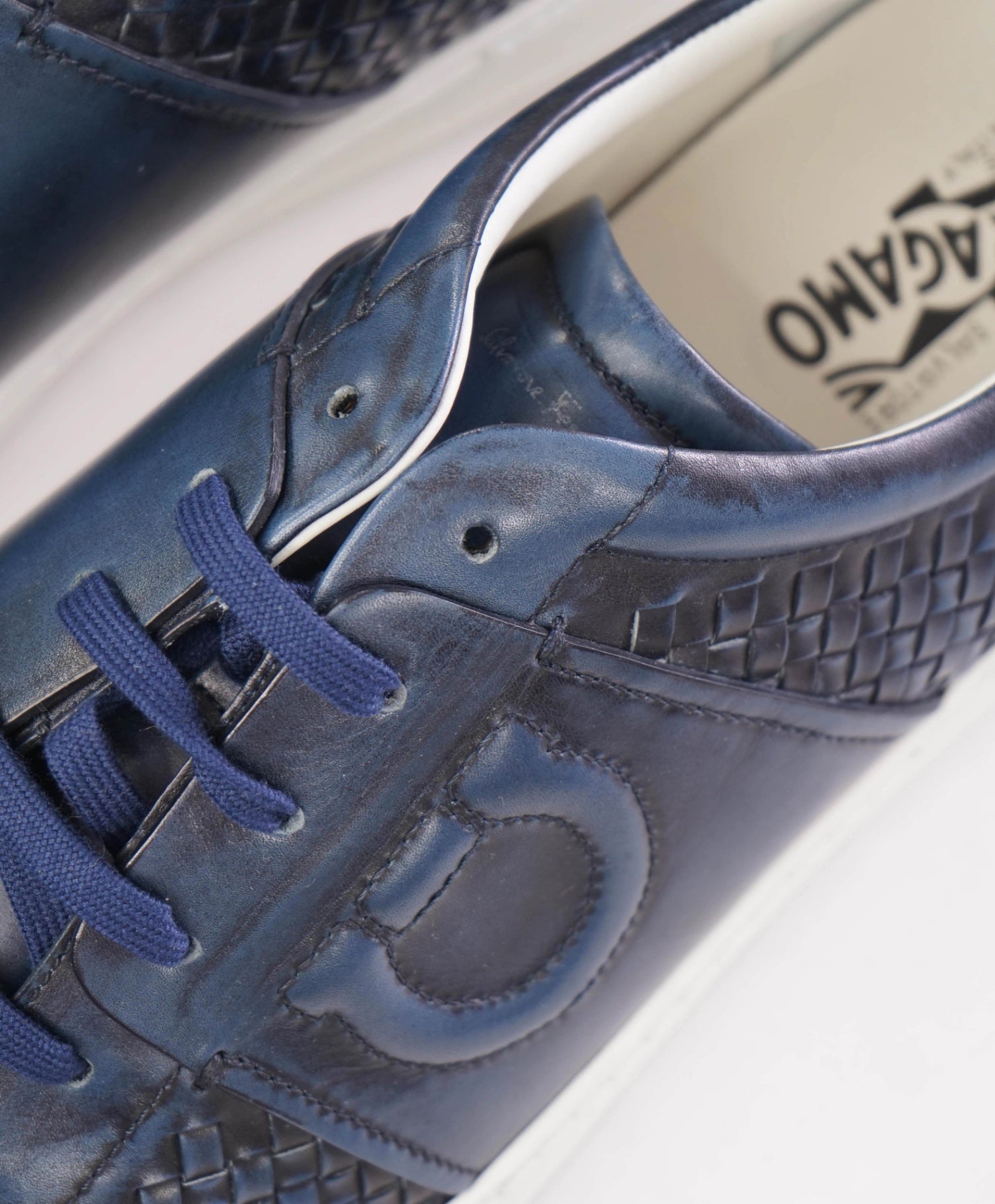 $850 FERRAGAMO Navy Blue Woven Gancini Leather Sneakers 12M